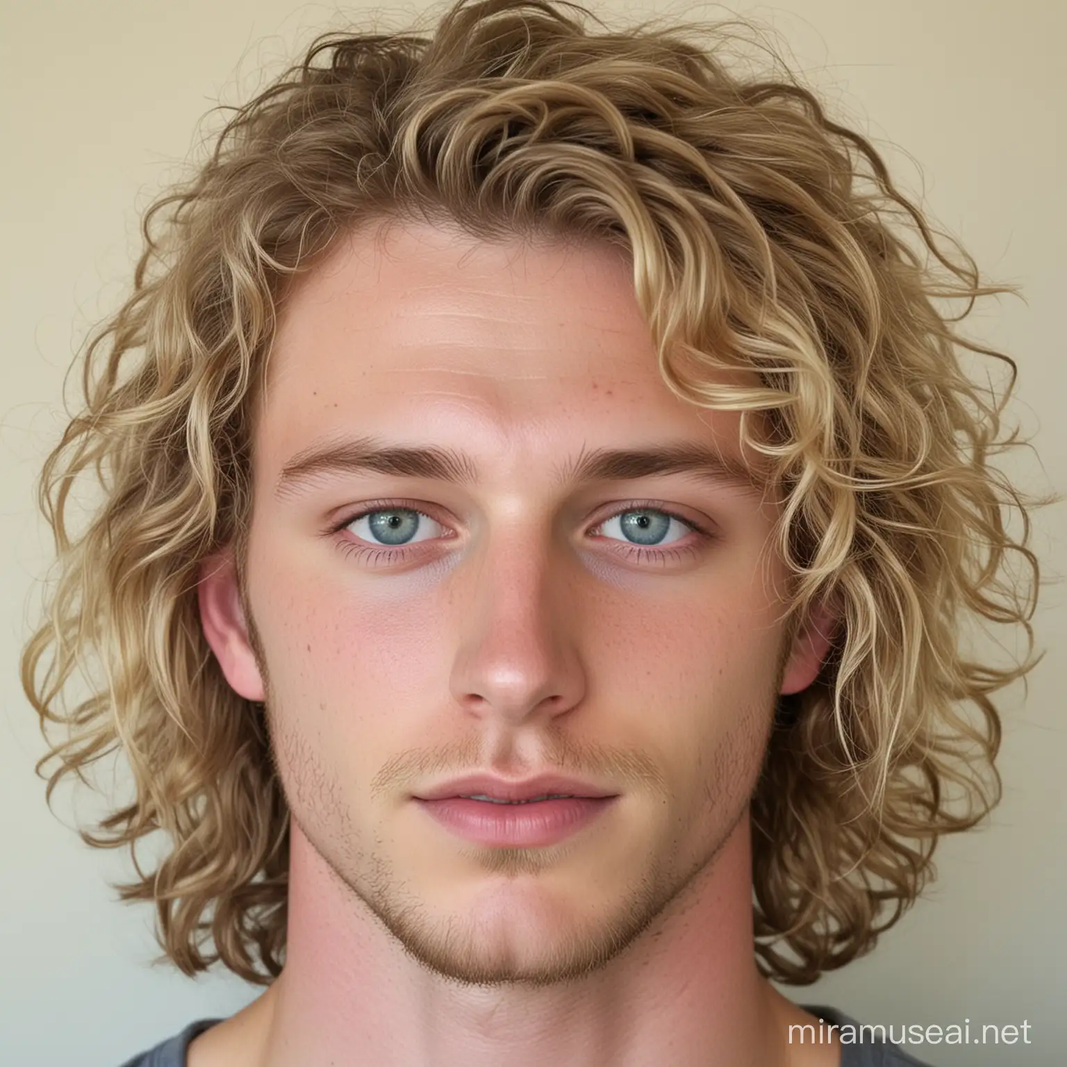 Portrait of a 25YearOld Man with Dirty Blonde Curly Hair and Light Blue Eyes