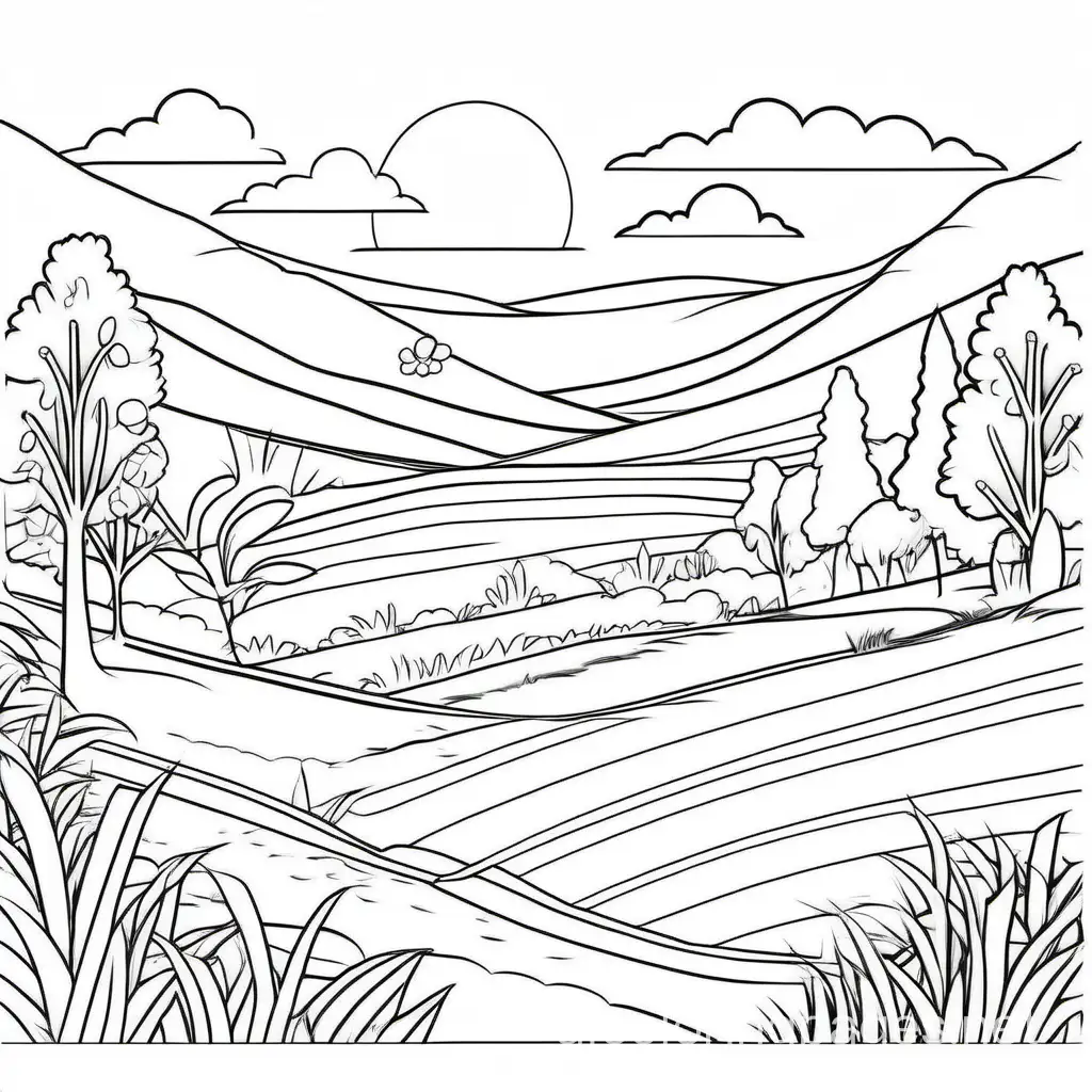 Summer landscape, Coloring Page, black and white, line art, white background, Simplicity, Ample White Space. The background of the coloring page is plain white to make it easy for young children to color within the lines. The outlines of all the subjects are easy to distinguish, making it simple for kids to color without too much difficulty