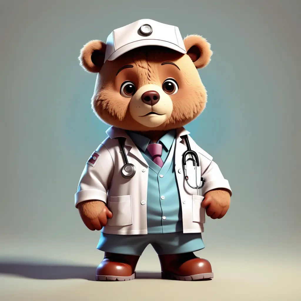  a cute bear in cartoon style with doctor clothes with boots with clear background
