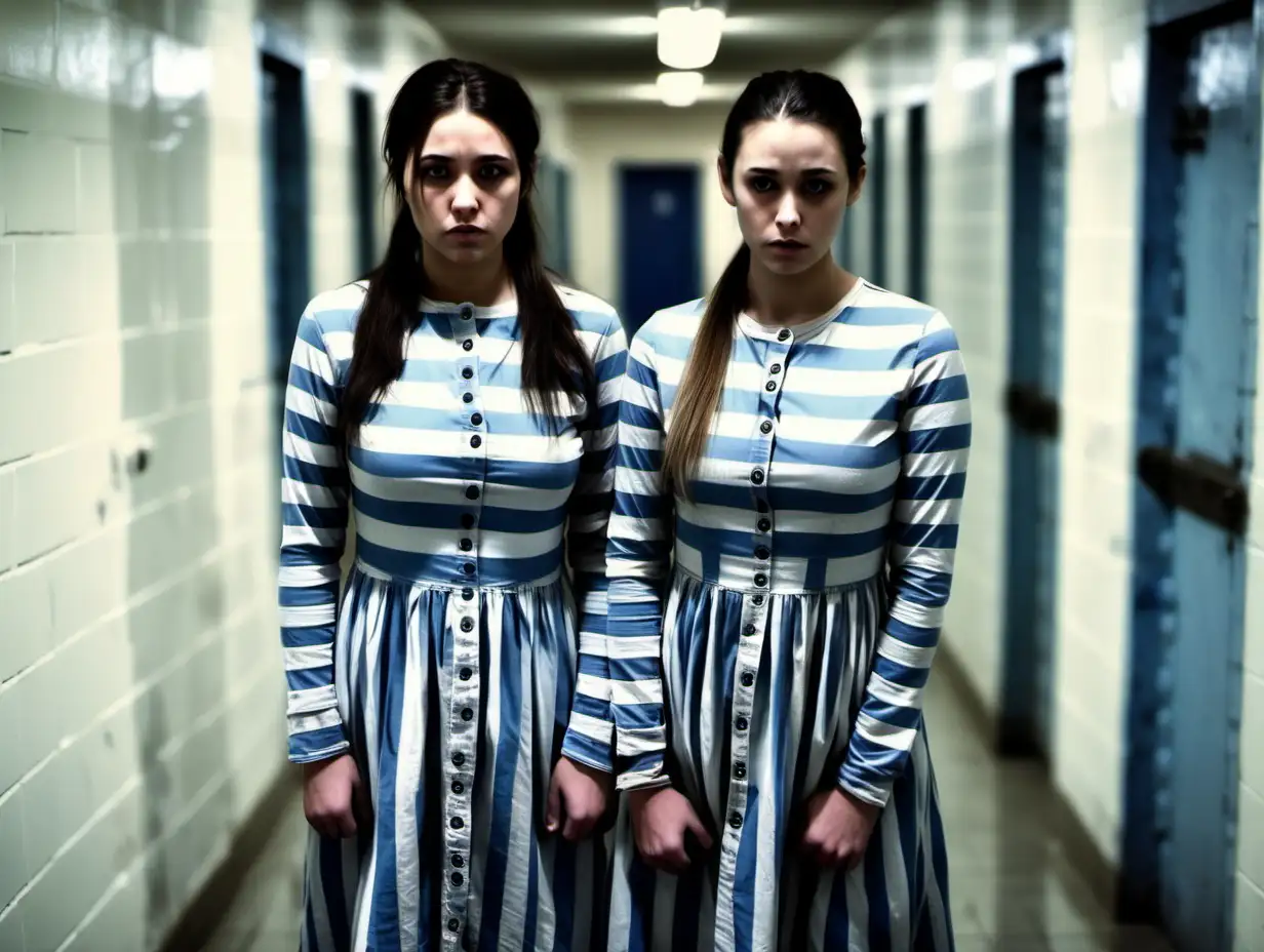 Two busty prisoner woman (20 years old, same dress) stand (far from each other) in a prison corridor in dirty ragged blue-white vertical wide-striped longsleeve collarless roundneck midi-length buttoned gowndress (, brunette low pony hair, sad and ashamed ), look into camera, frontal aspect