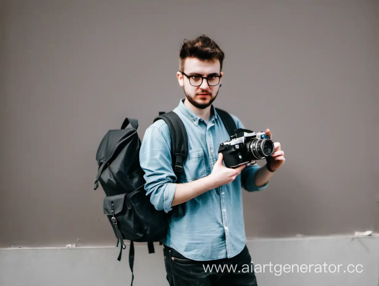блогер в рюкзаке, со сломанной камерой в руках