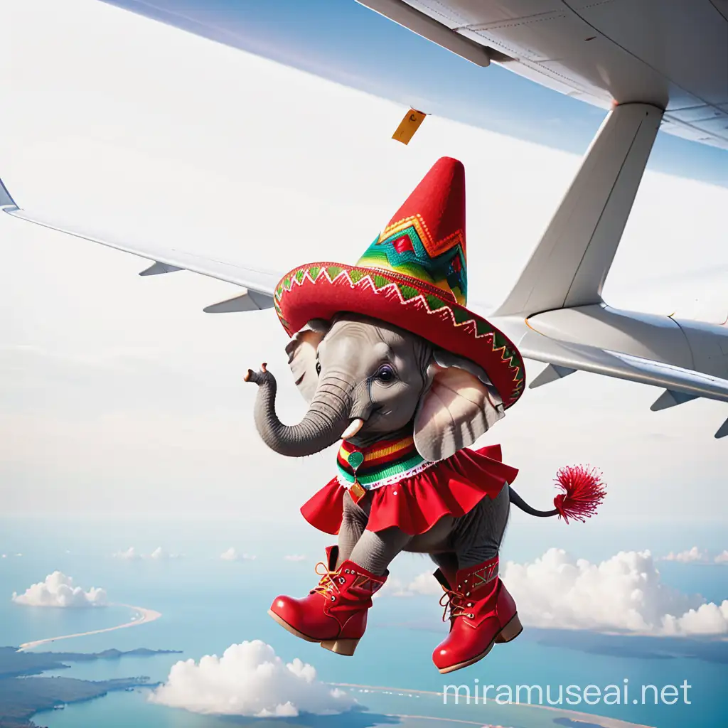 маленький слоненок в красных сапогах и мексиканской шляпе на крыле самолета 