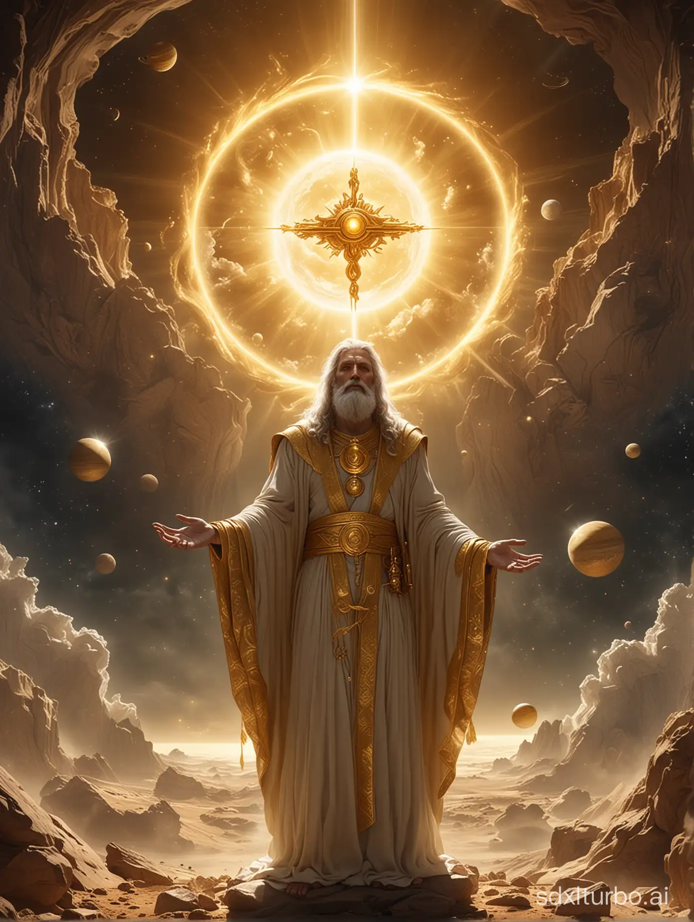 god looking to the left while raising a golden spectre, planets behind him, arranged before the sun