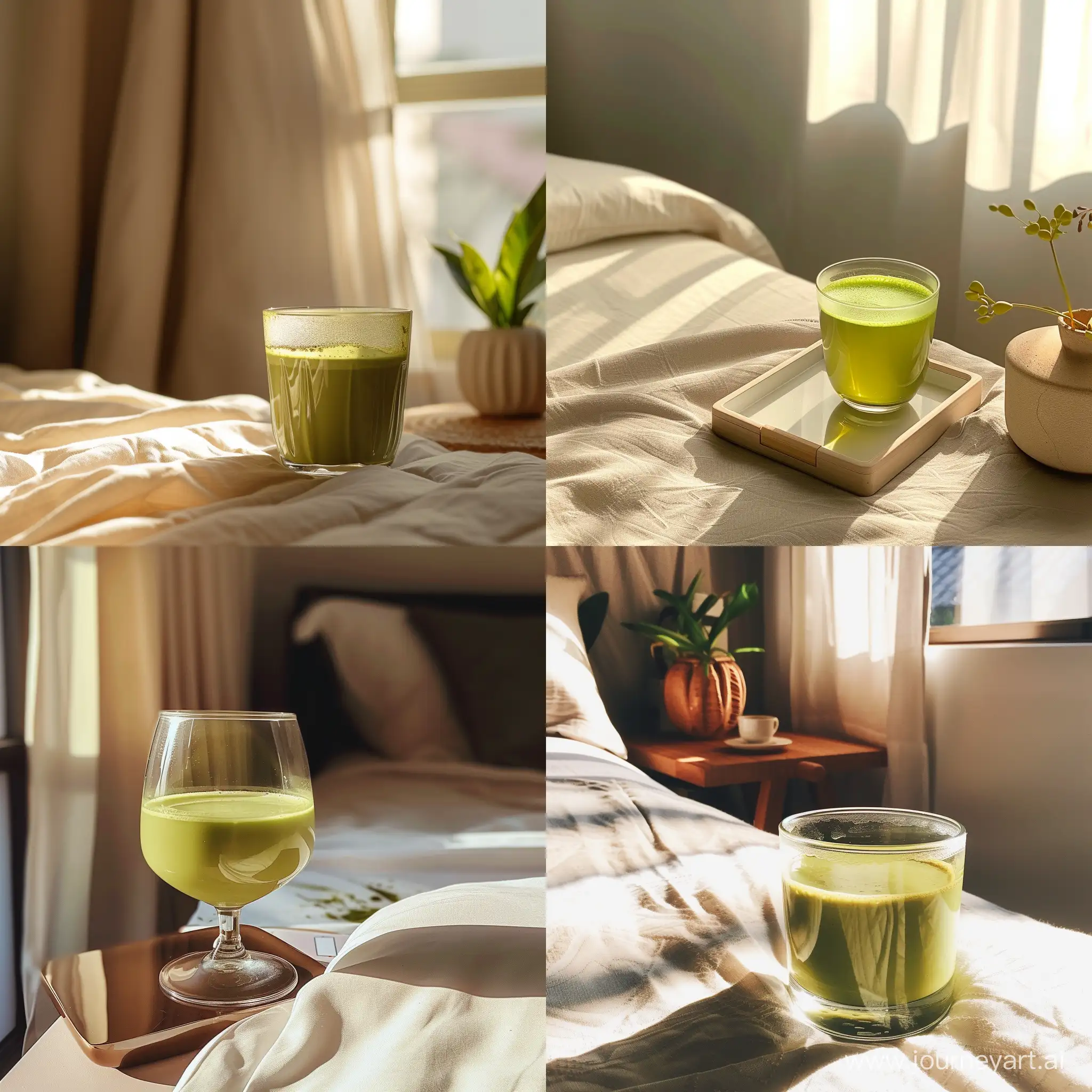 Natural shot of a glass of matcha tea on the bedside table.