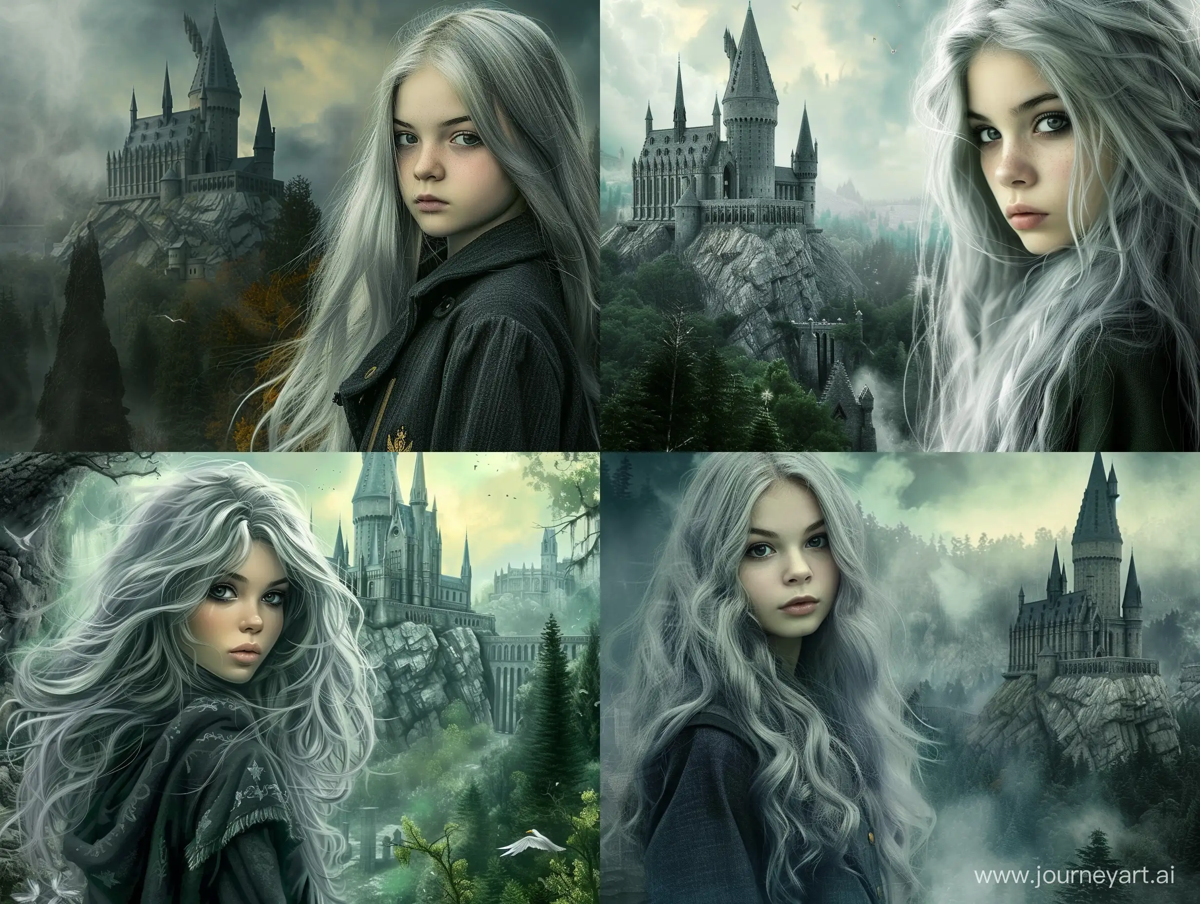 A girl, a young sorceress, 16 years old, a student at Hogwarts school, Ravenclaw faculty, long silver hair, gray eyes, an ancient castle and a forest in the background