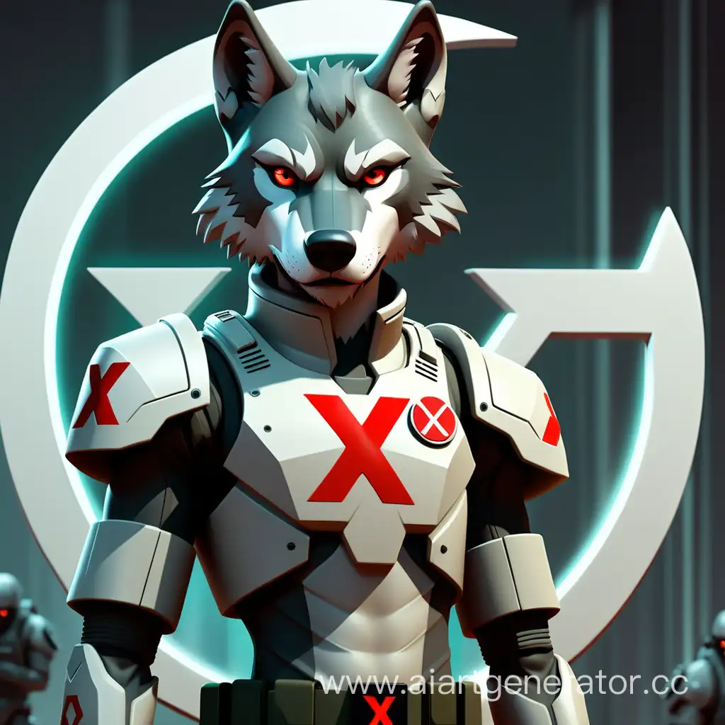 человек в военом костюме будущего с символом X  снизу на плече и возле него стоит волк