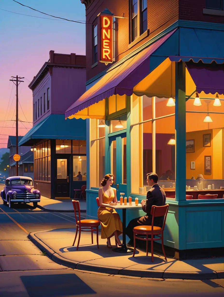 Imagine a scene at dusk in a small American town during the early 20th century. The setting is a quiet, nearly empty street with a vintage diner at one corner, its large windows casting a warm, inviting glow onto the sidewalk. The diner's interior reveals a lone figure seated at the counter, lost in thought. Outside, a vintage car parked under a streetlamp, which casts long, angular shadows across the scene. The colors are muted yet distinct, with rich blues and purples in the twilight sky contrasting with the warm yellows and oranges of the diner's lights. The overall mood is one of solitude and introspection, captured through Hopper's iconic use of sharp geometric shapes and the interplay between light and shadow.