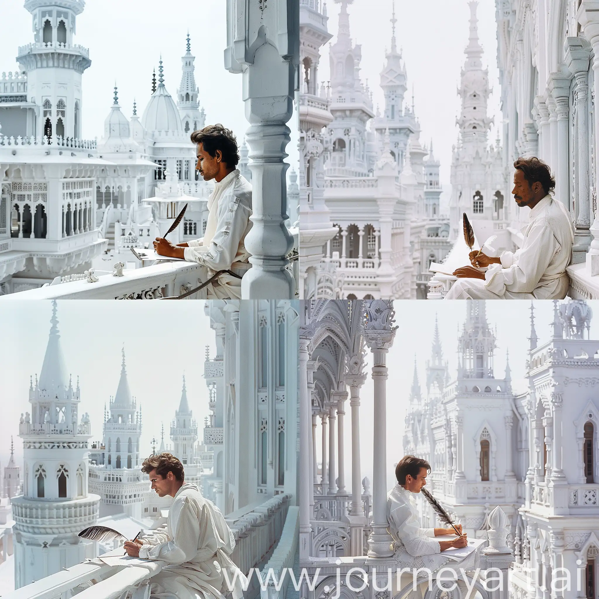 Мужчина (европеоидной расы) в белой одежде сидит и пишет на бумаге перьевой ручкой на балконе одного из зданий белого дворца, вилны также другие белые здания со шпилями, небо бело-синее сплошное