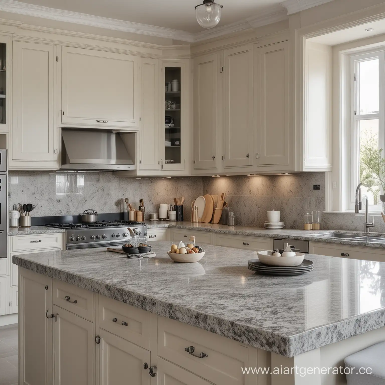 LightToned-Kitchen-with-Diverse-Tableware-on-Granite-Countertop