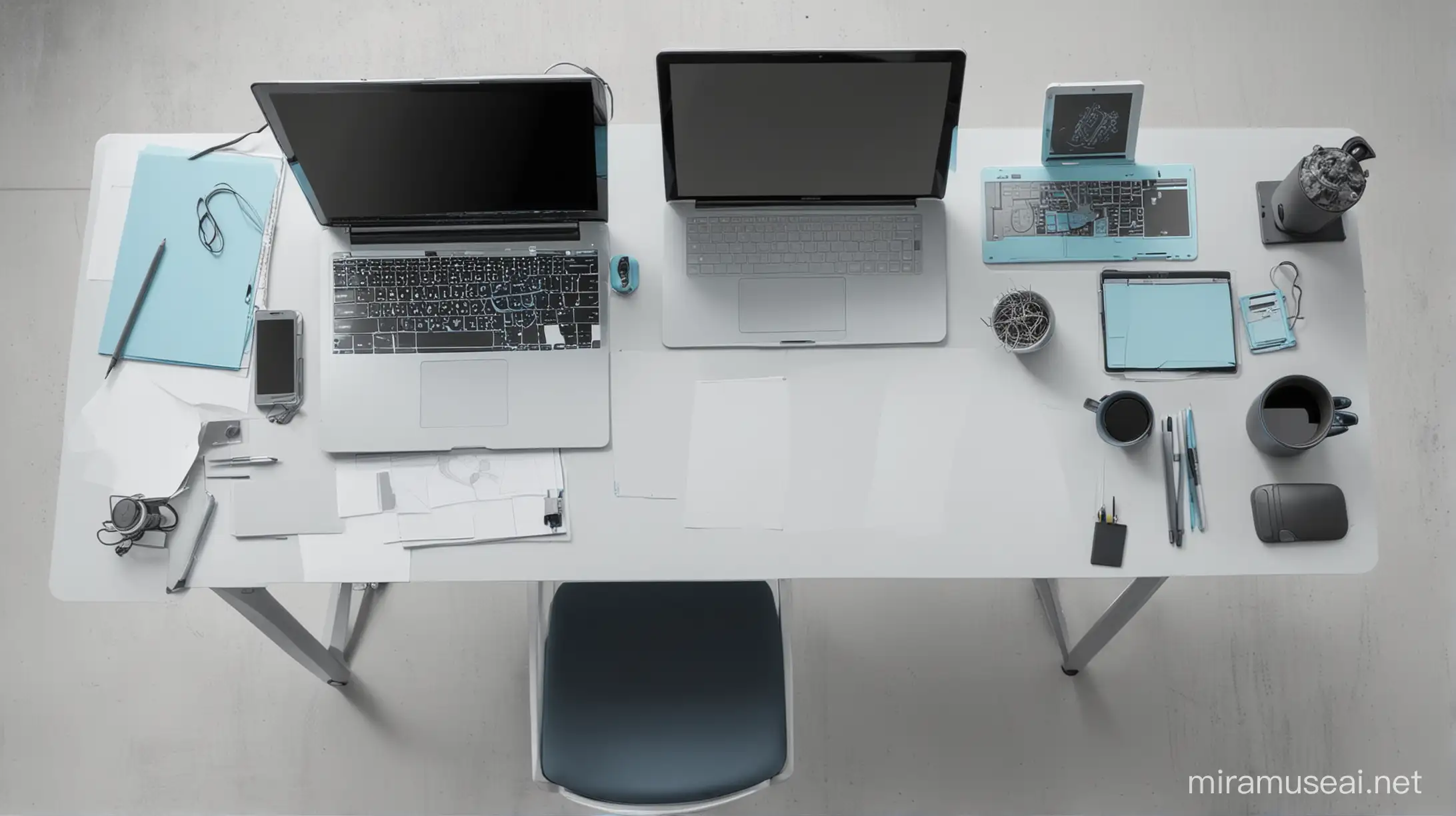 tehnical drawing in background, table, gray and light blue colors, high contrast, top view, laptop and 2 monitors on table