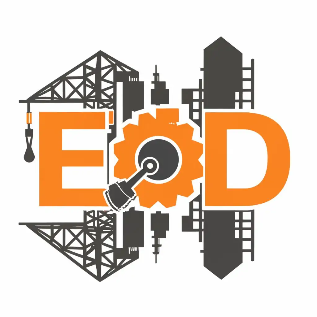 a logo design,with the text "EDD", main symbol:Oil Rod Pump and Buildings construction and Mechanical Gear symbol, orange and black color, remove background.,complex,clear background