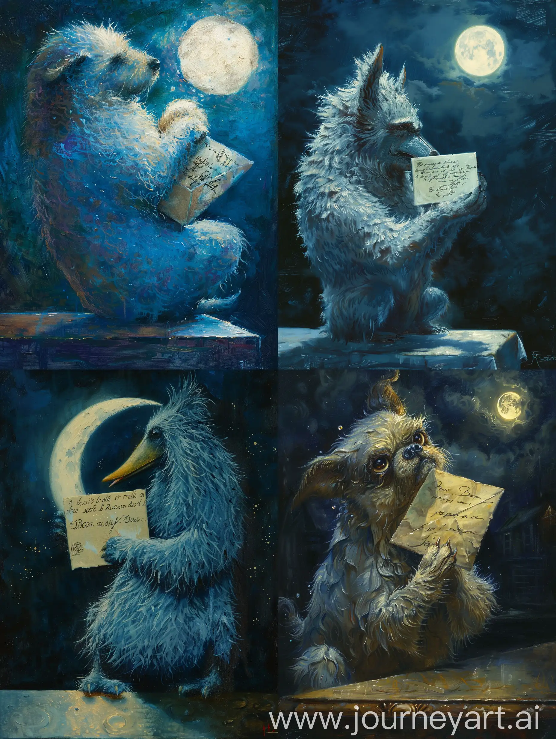A majestic boxerdog clutching a sealed letter in its beak, radiating an aura of mystery and intelligence. The boxerdogs's fur glisten in the moonlight, giving off a sense of otherworldly elegance. This captivating scene is depicted in a beautifully detailed oil painting, capturing every nuance of the creature's striking presence. The intricate brushstrokes and rich color palette elevate this piece to a masterpiece of avian artistry. blue rose's leaps on table