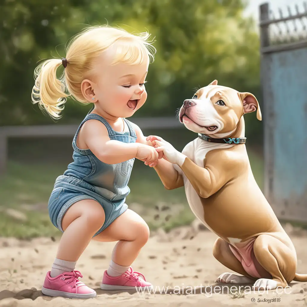 a little blond baby girl  playing with a big dog pit bull
