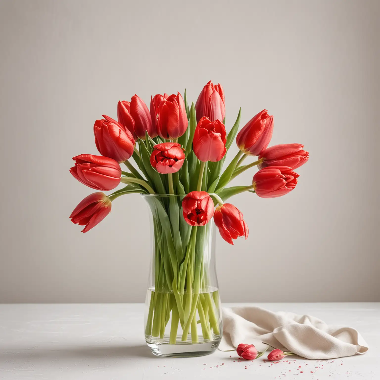 红色郁金香与玻璃花瓶  白色背景