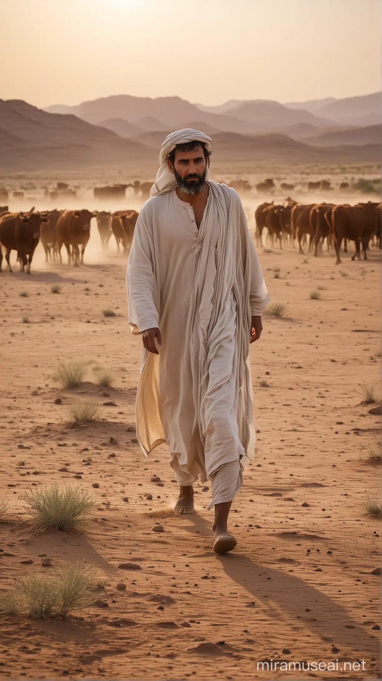 Middle Eastern Man Herding Cattle at Dusk in the Stone Age Desert