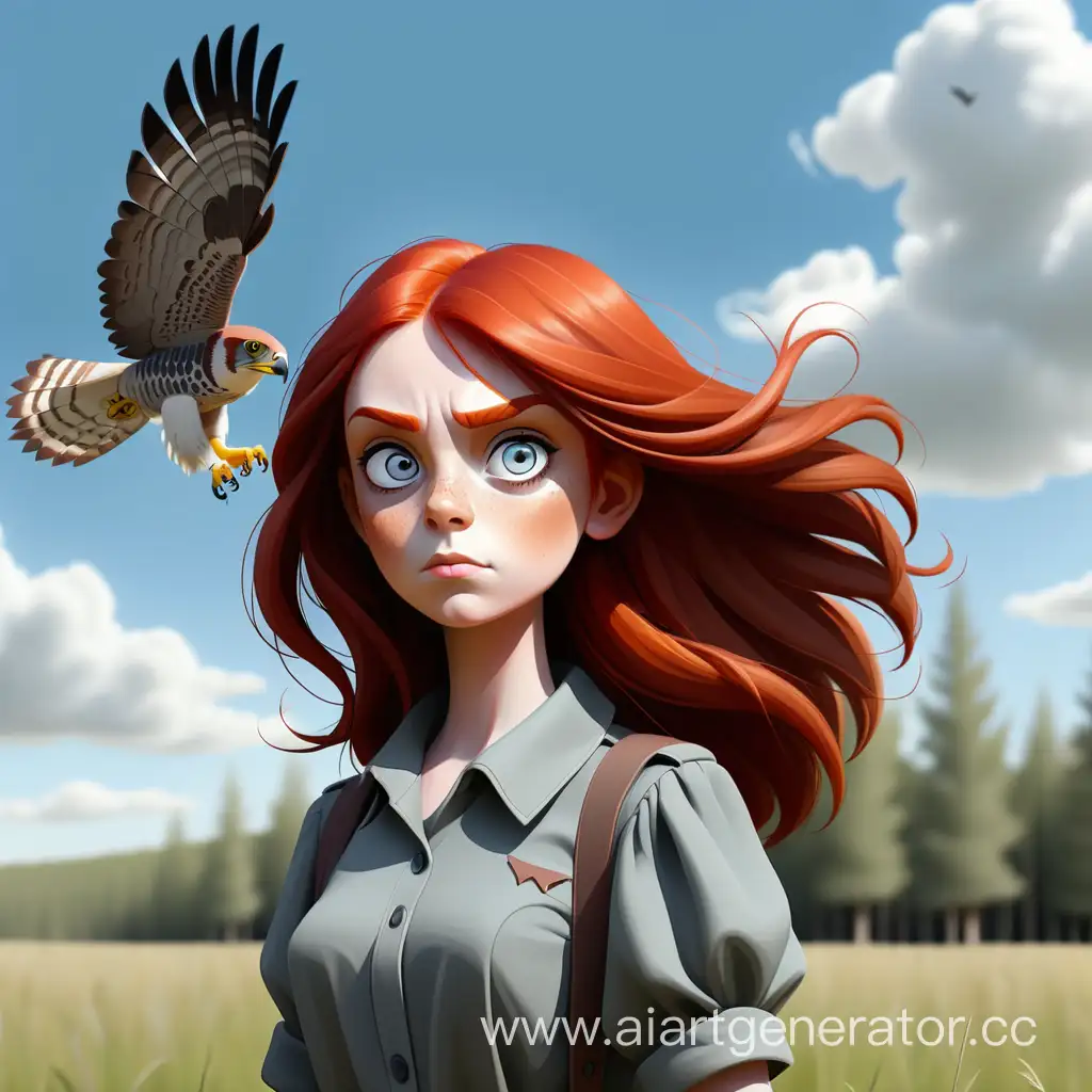 Рисунок. На фоне лес. Девушка с серыми глазами и русыми волосами стоит в поле. В голубом небе летит сокол.