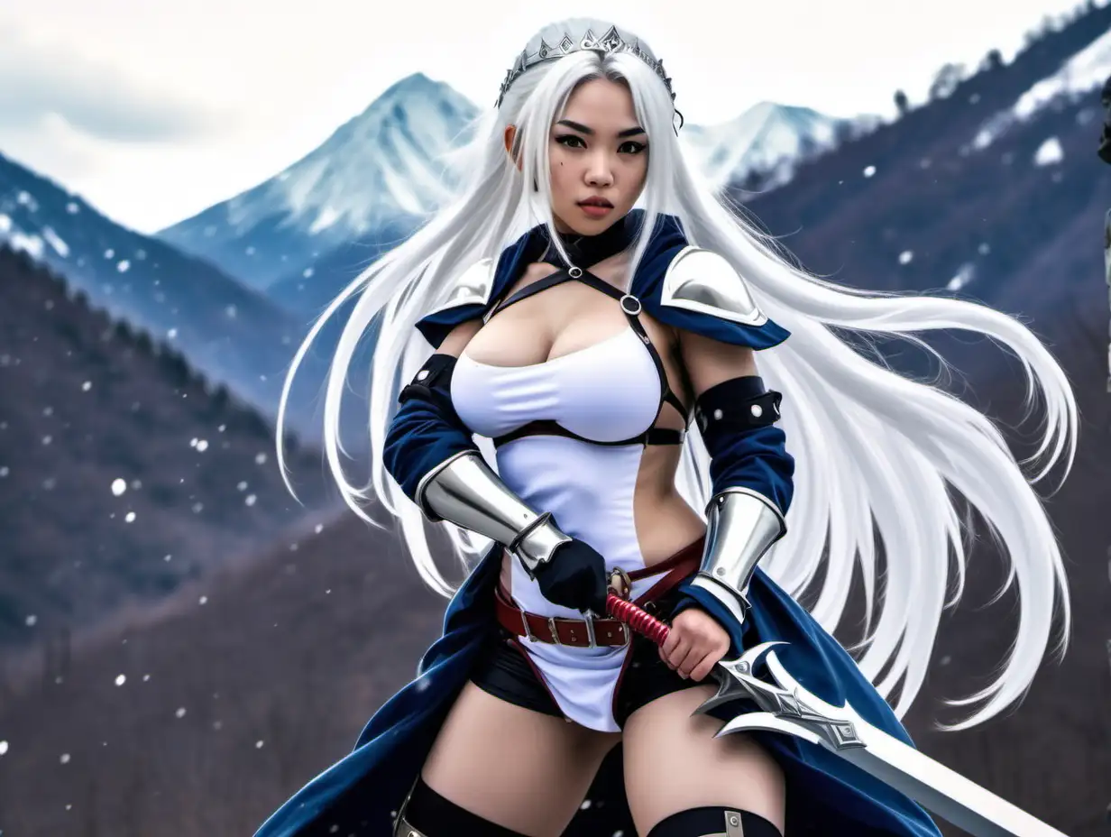 A gorgeous mixed race girl with white hair thicc thighs and freckles wielding a lance. In the style of live action Queen's Blade. Background is cold mountains.