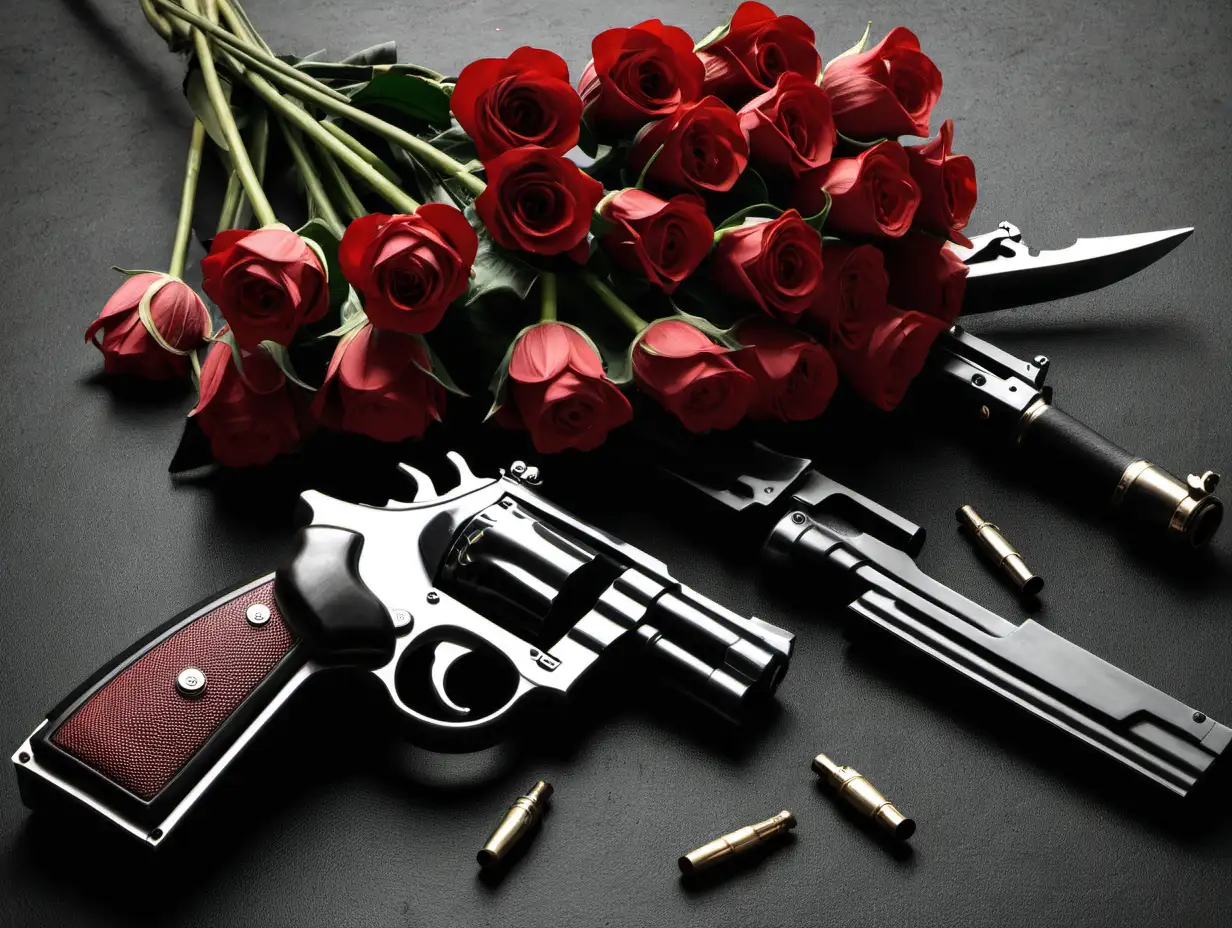 Mafia-Boss-Surrounded-by-Floral-Arrangements-and-Arsenal-of-Weapons