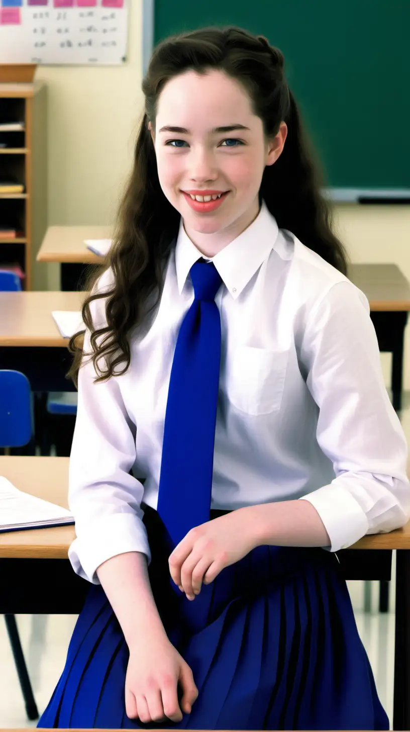 Anna Popplewell, sourire d'ange, assise à un bureau dans une classe de lycée très bien éclairée, chemise blanche en polyester ouverte et cravate bleu roy et jupe courte plissée en lin bleu roi et moccasins noir 