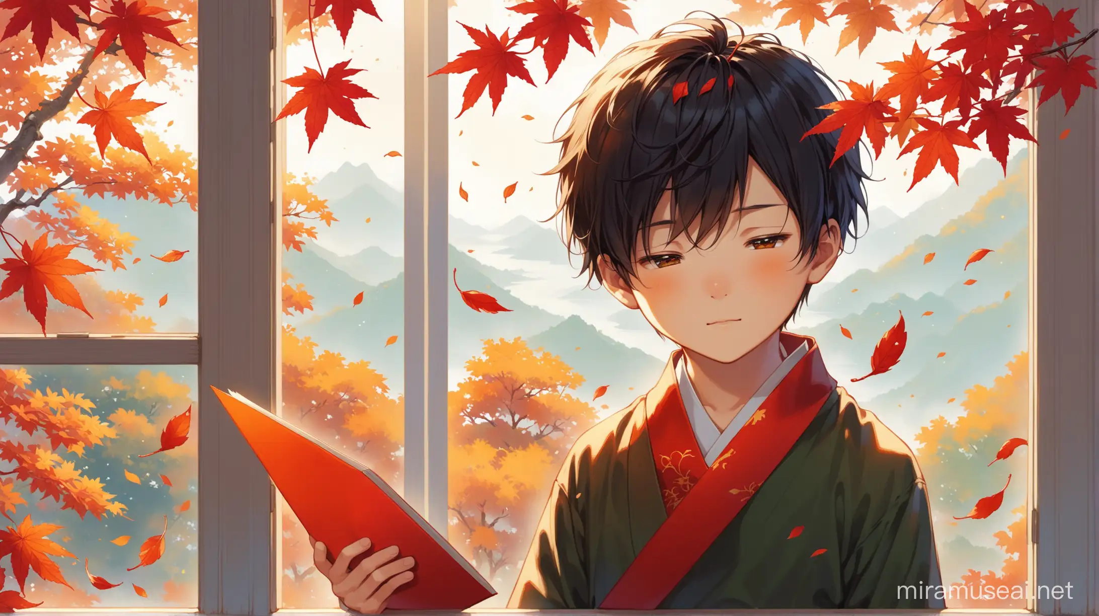 一片红叶飘落在窗口，中国小男孩把红叶捡起来做成了书签。