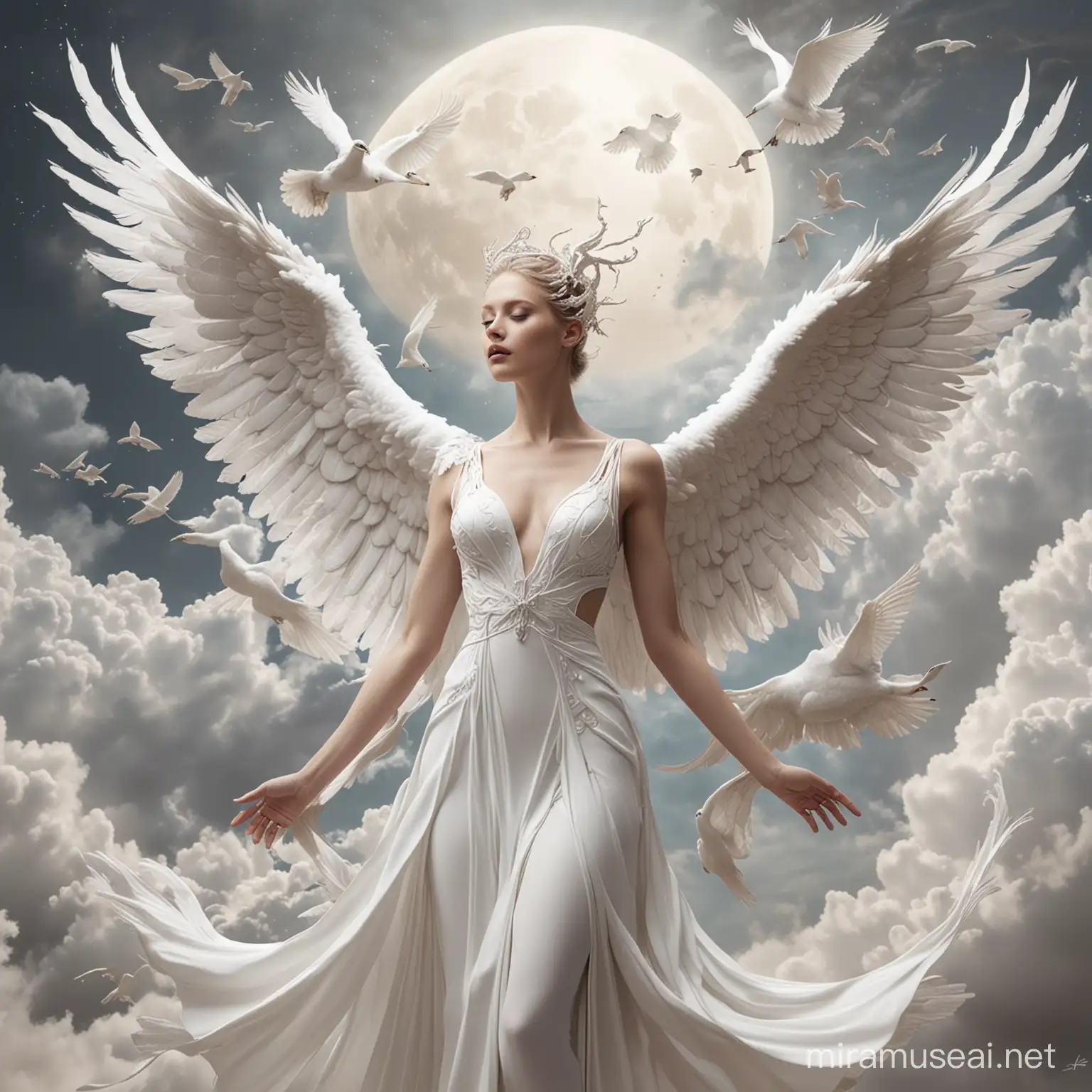 create a mystery concept board showing swan goddess in the form of a celestial bird, roams the skies, her wings casting shadows of enchantment upon the earth below create sespence in white color this is for avant garde collection 