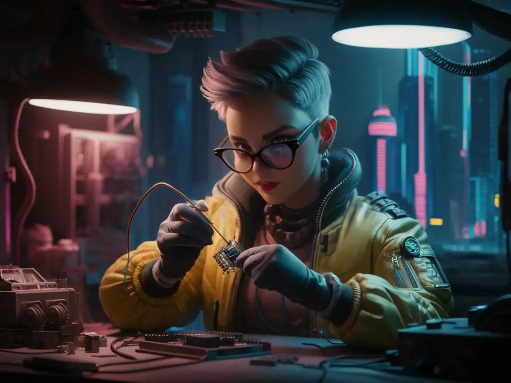 Cyberpunk-Techie-Soldering-Microchip-in-Yellow-Bomber-Jacket