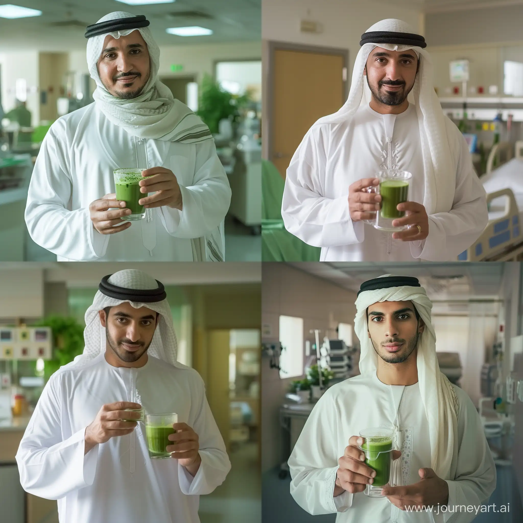 Real and natural photo of a man wearing a white Arabic dress and a white headscarf holding a glass of matcha tea. Matcha tea glass should be clear. The space around him is a hospital. Full details of matcha tea cup and man's face, clothes and hands. natural light.