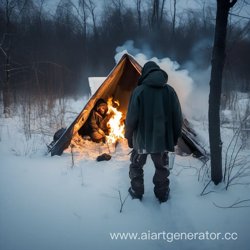 Survival, mann von hinten, winterlich. Shelter. Feuer