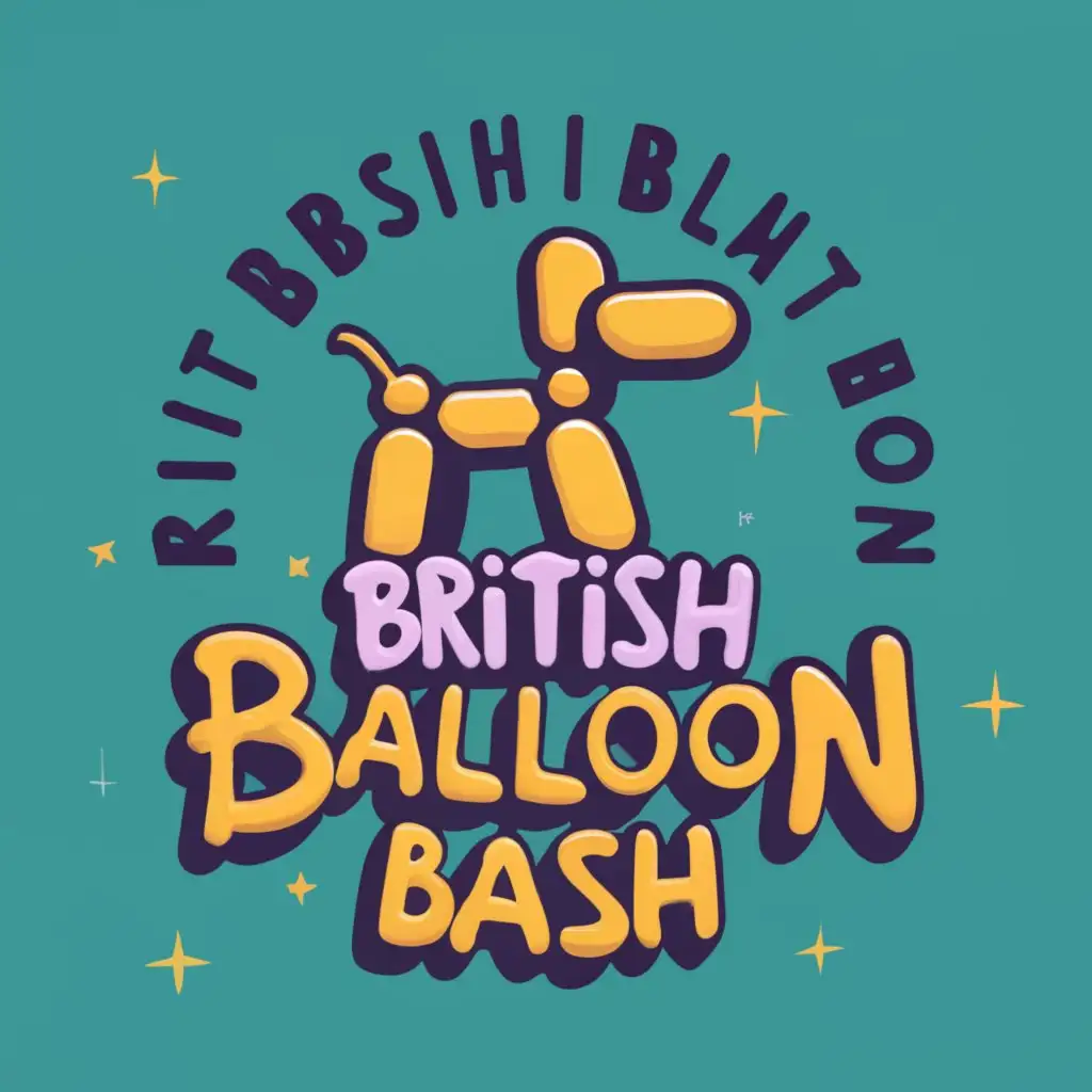 logo, balloon dog, with the text "British Balloon Bash", typography, be used in Entertainment industry, use purples, yellows and other complimenting colours