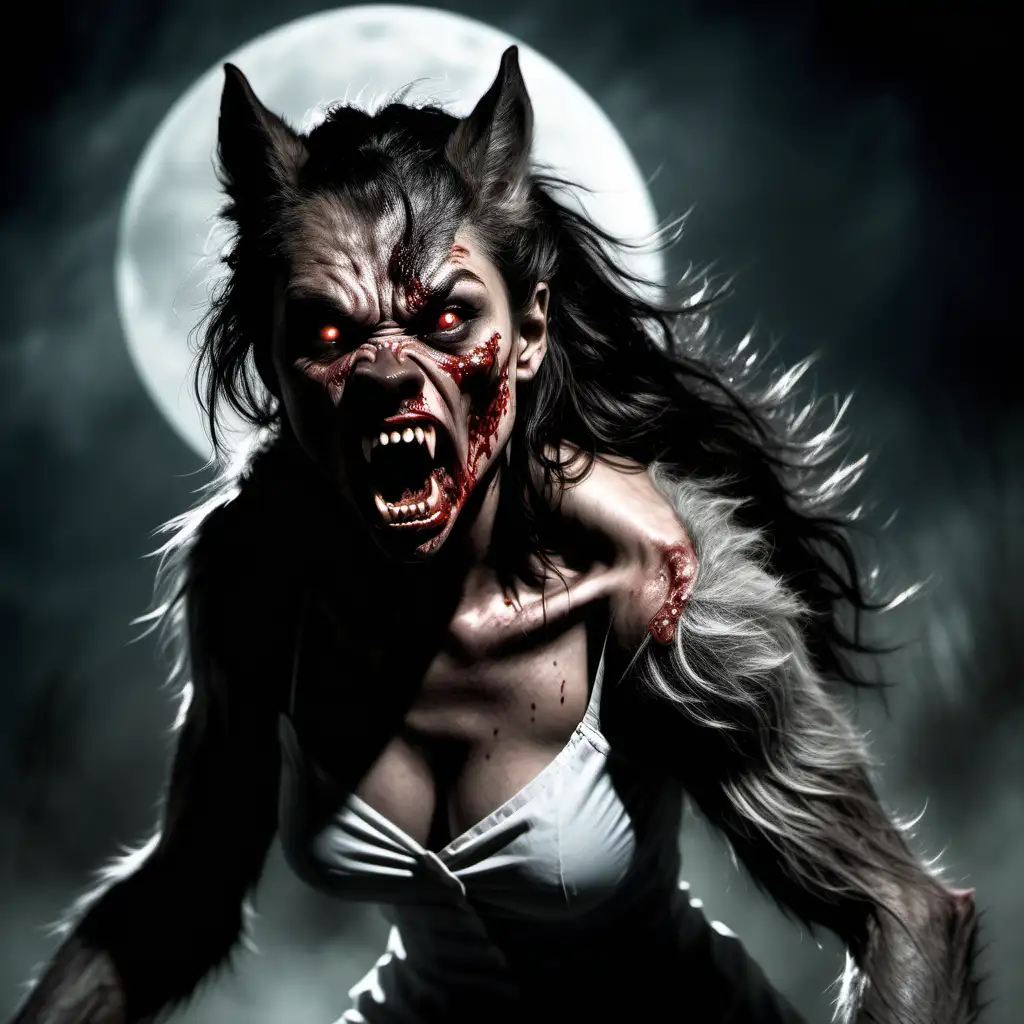 Aggressive Female Werewolf with Rabies in Moonlit Forest