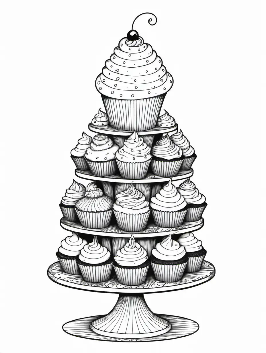 Quirky, unique, whimsical, fun, cupcake tower,colouring page,white background, bold black lines, simple details, black and white