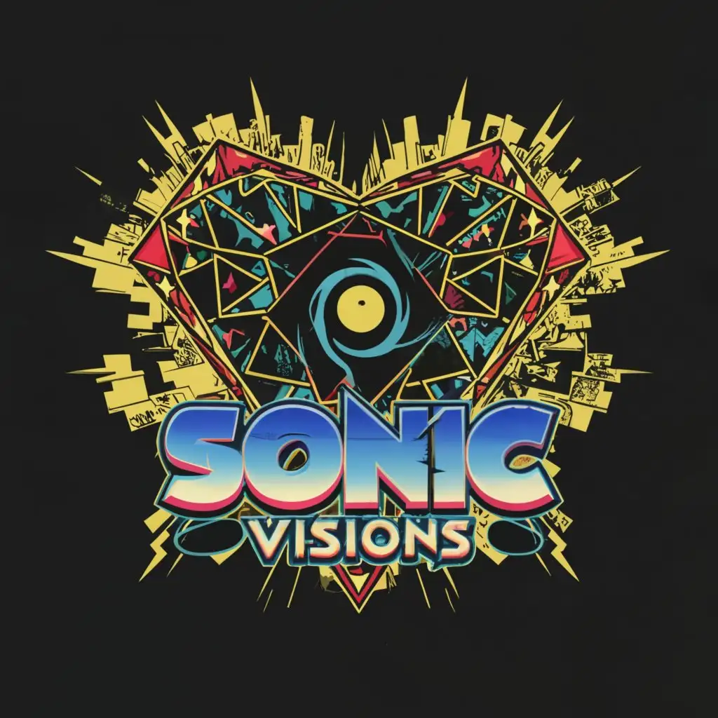 a logo design, with the text 'Sonic Visions', main symbol: fractured diamond with heart cuts, star inside swirling black hole, psychedelic, sonic the hedgehog font, complex, to be used in Entertainment industry, clear background