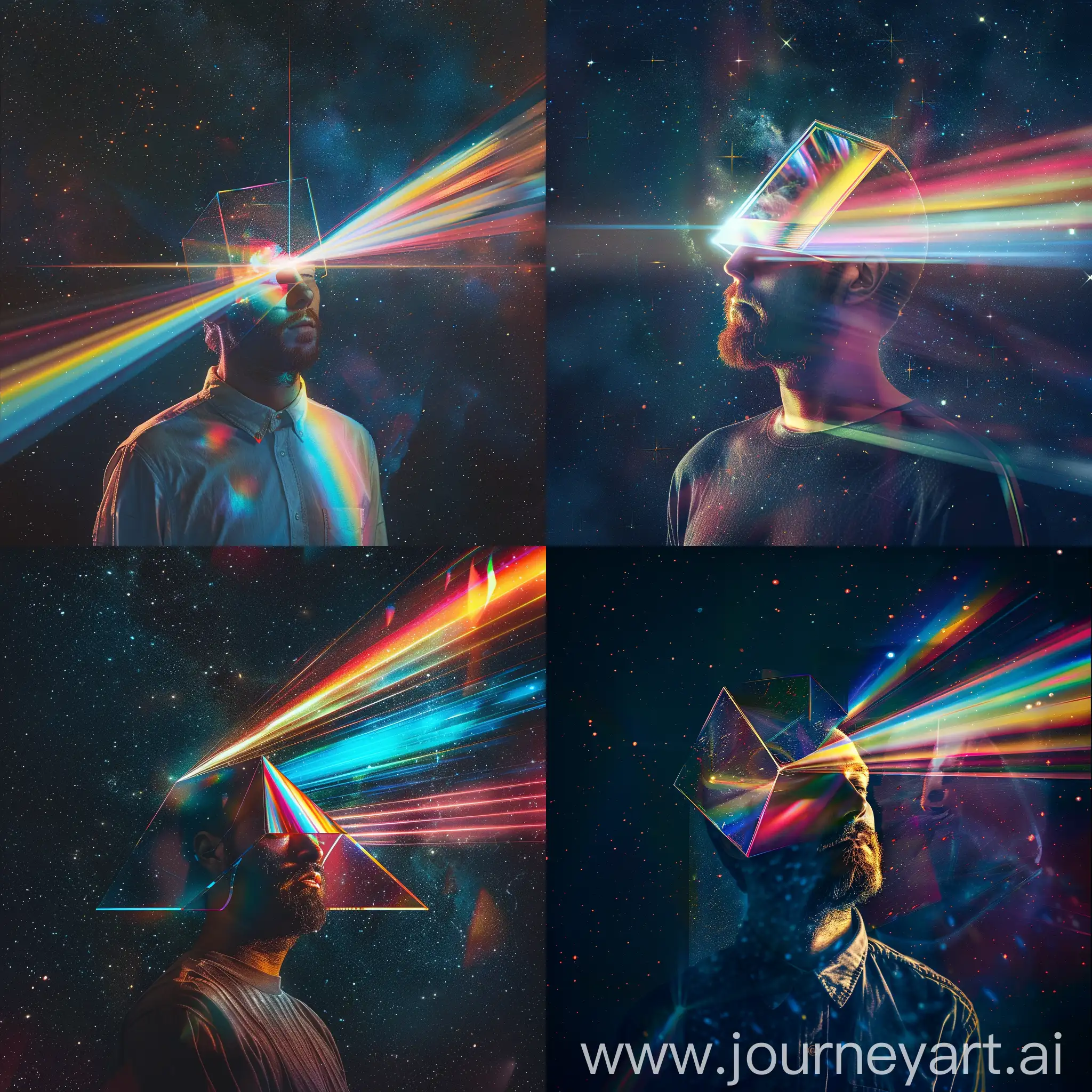 A portrait of a man with a prism for a head, colorful light beams coming through, against a dark, starry background. Created Using: metaphorical imagery, Pink Floyd's "Dark Side of the Moon" inspiration, vivid colors, surreal elements, high contrast, detailed textures, hd quality, natural look --ar 1:1 --v 6.0