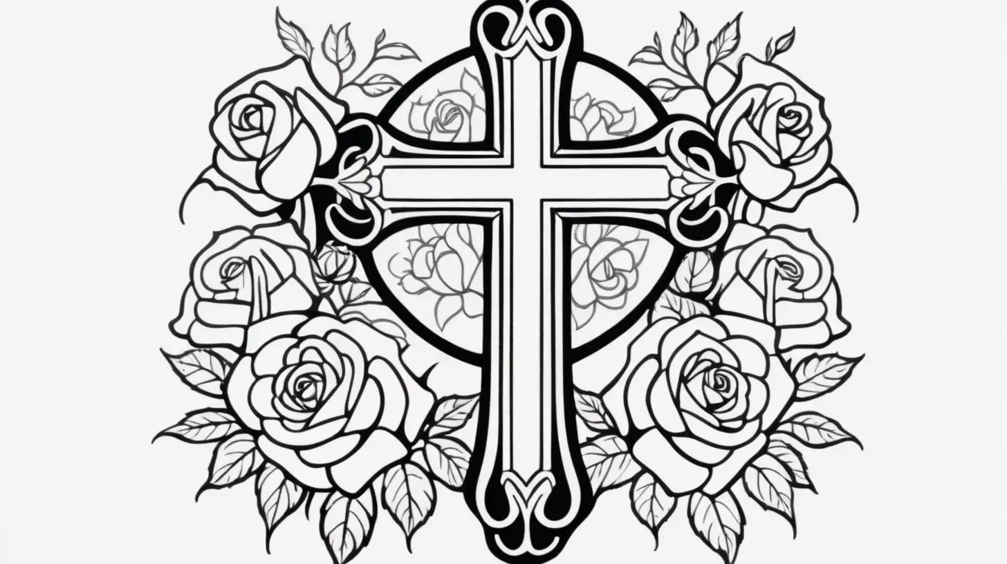 In the style of a tattoo, a white cross drawing, with roses enveloped around it