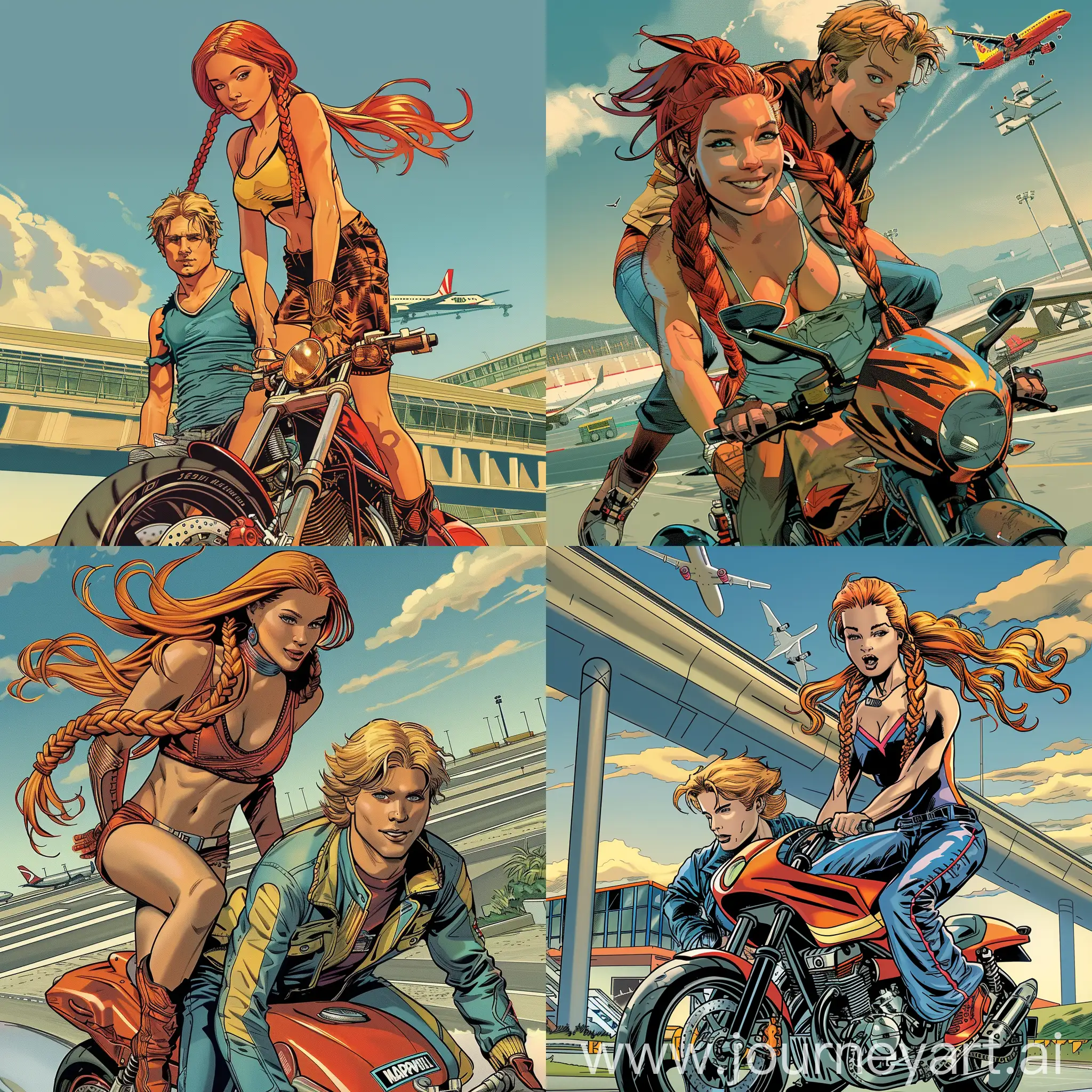 In the style of a Marvel comic, colorful and vibrant. A young 25 year old woman, attractive, with ginger hair in long double braids. Seductive outfit. She is sitting behined 25 year old young man with blonde hair while riding a fast motorcycle. they are in the middle of doing a wicked backflip off a ramp over an airport