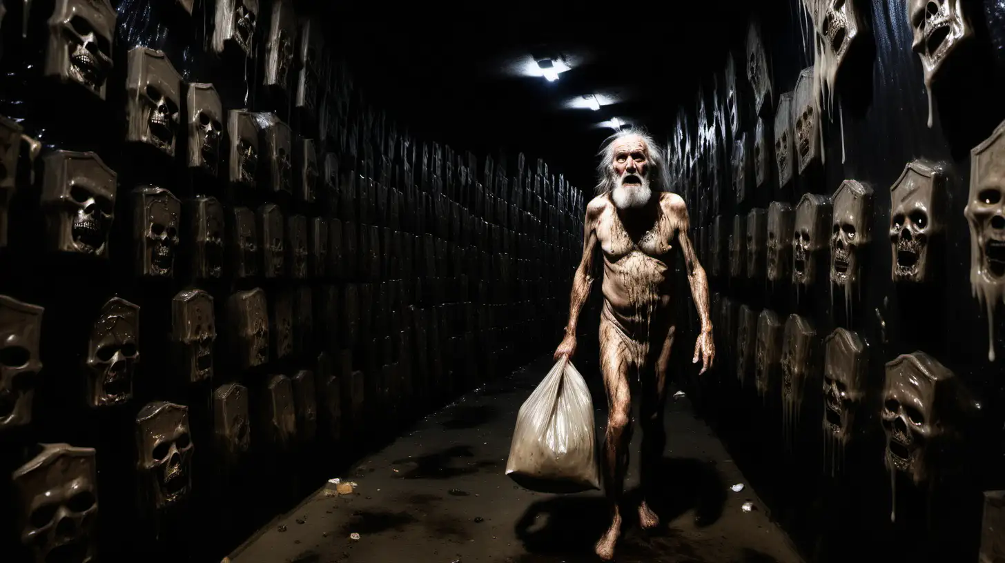 Really high ceiling, a very hairy and scary looking old man covered in goo, long hair, shirtless, carrying old bag, walking in dark wide tunnel thousands of feet tall, numbered coffins stacked vertical thousands of feet as walls, REALLY high ceilings, dim light, striking, many coffins stacked vertically