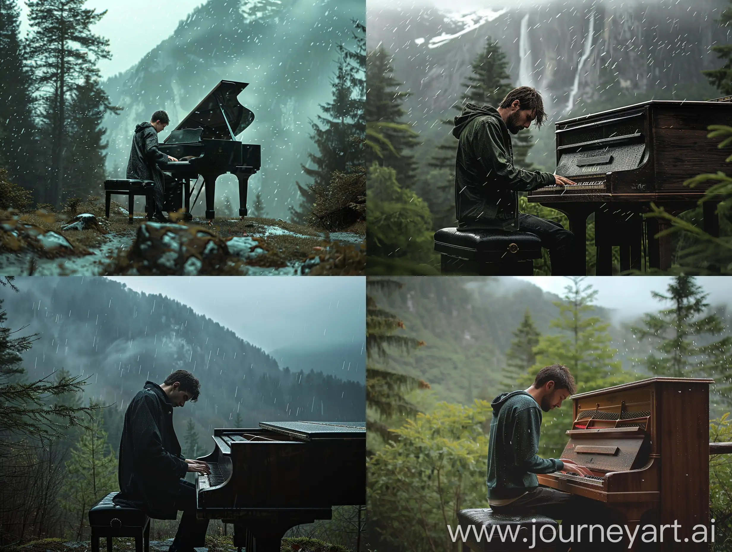 a sad guy playing piano in forest mountain , rain, breeze, real, cinematic, high quality, 100k resolution
