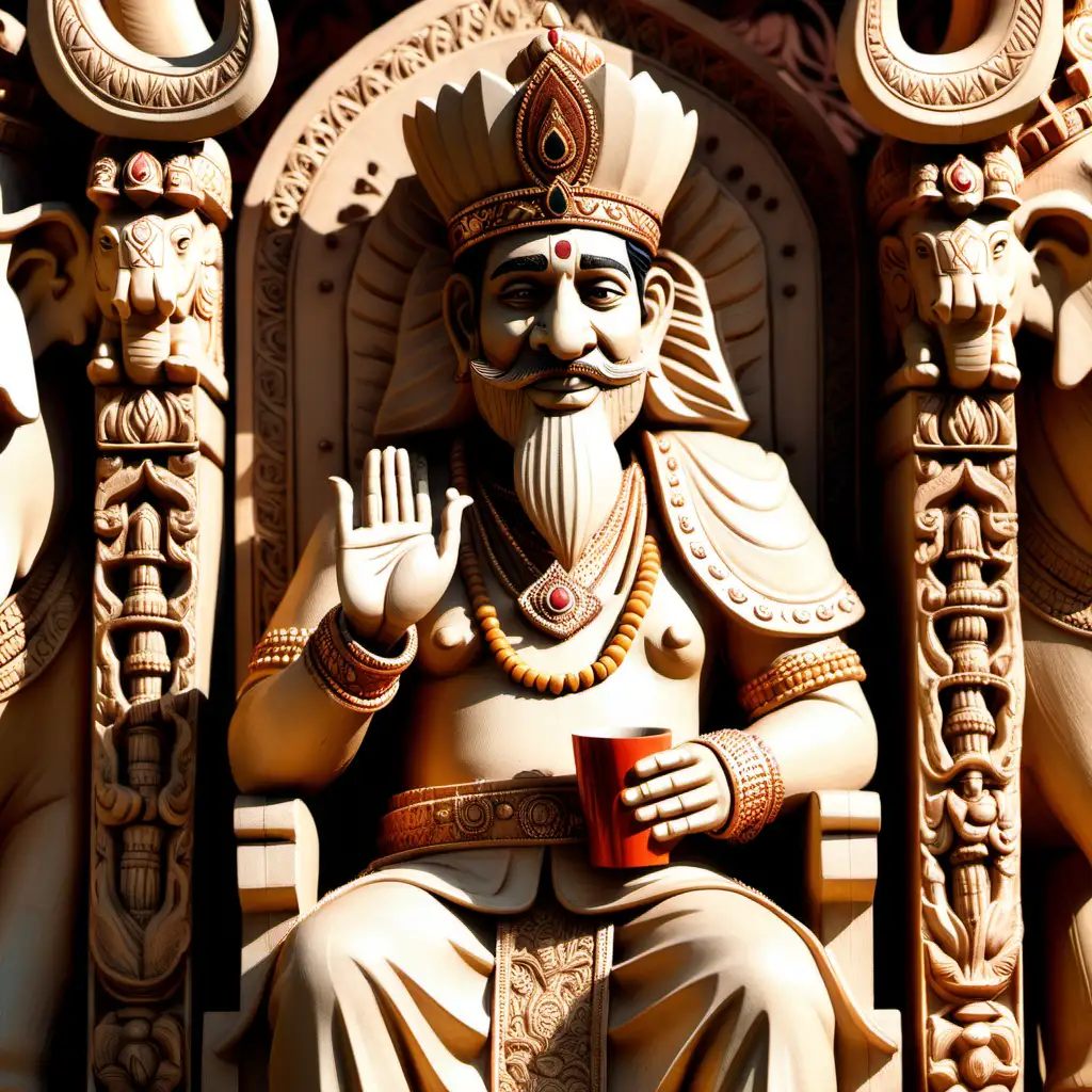Indian King Savoring Tea on ElephantCarved Throne