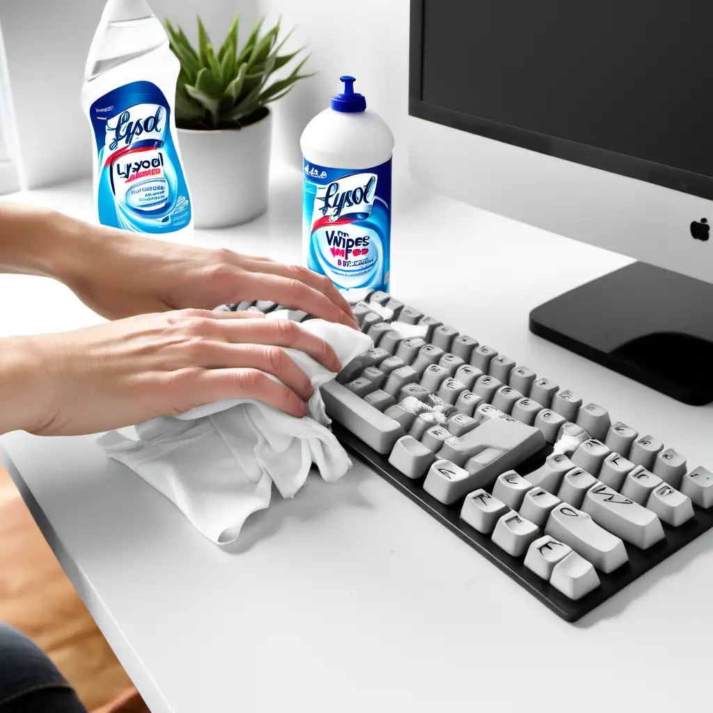 hand wiping down  keyboard and desk with lysol wipes
