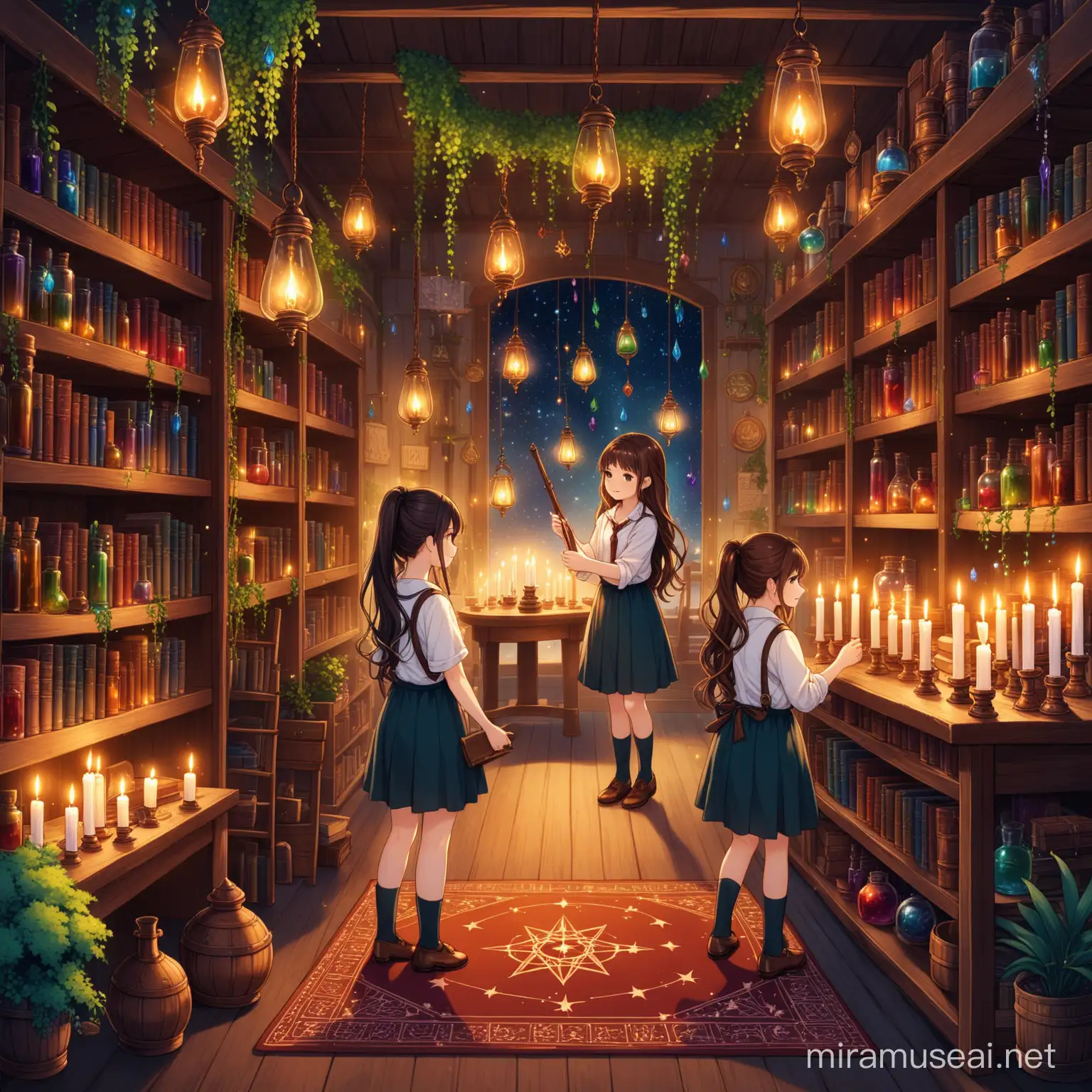 Two Young Witches Exploring a Cozy Witchcraft Shop