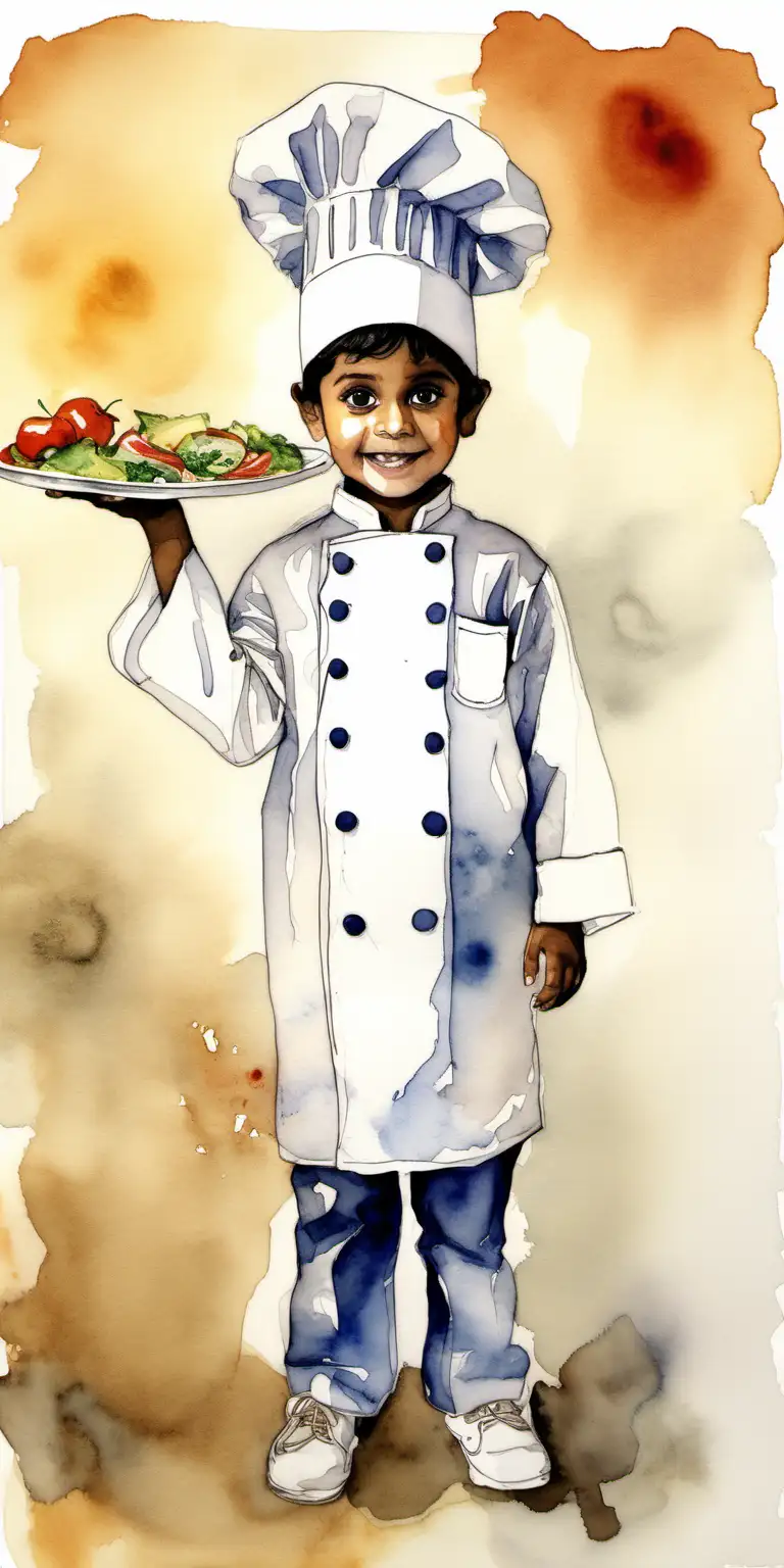 5 year old boy, indian ethnicity dressed as a chef, holding a plate of food, watercolour