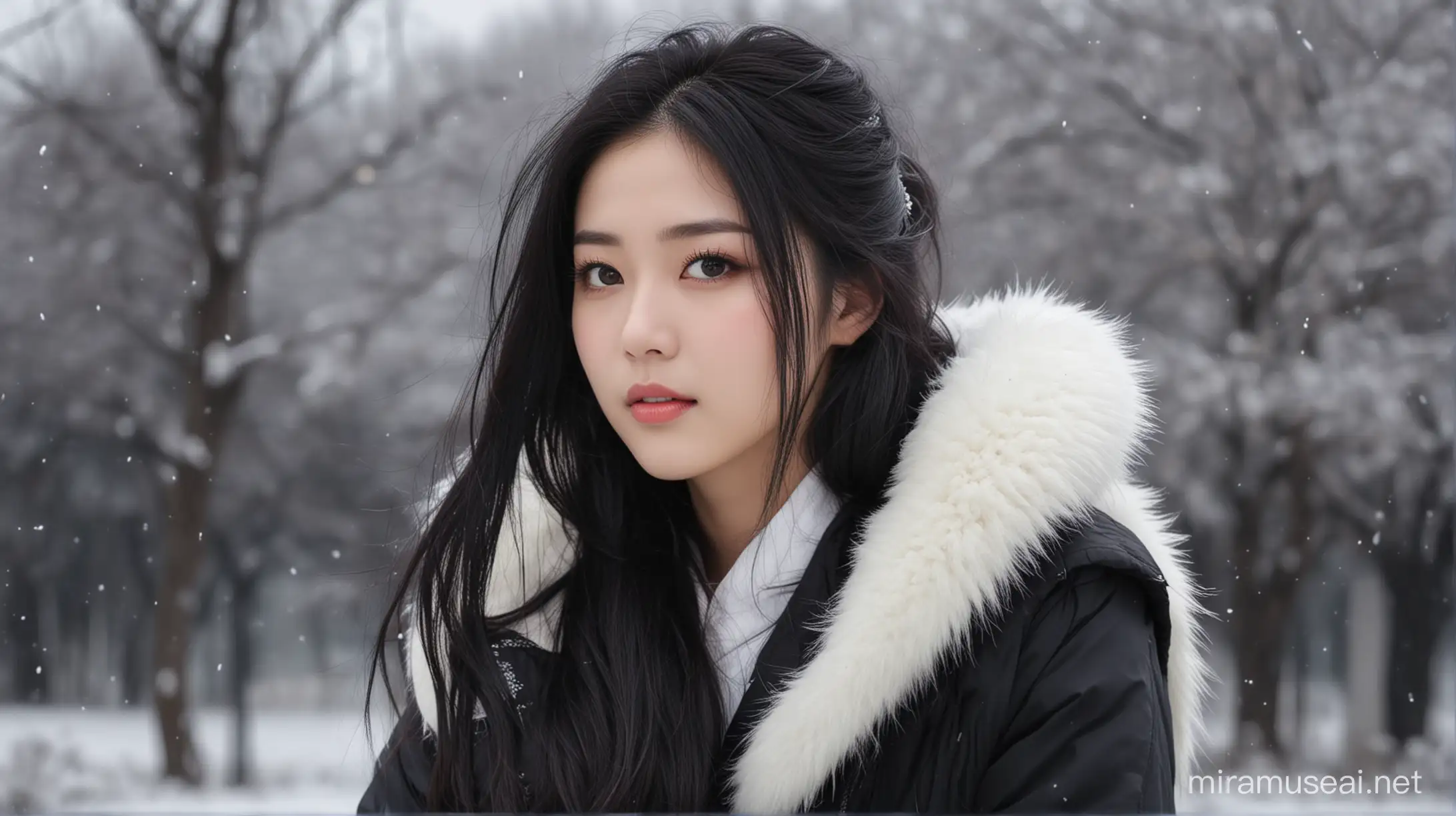 Elegant Oriental Woman in Winter Coat Braving Snowstorm