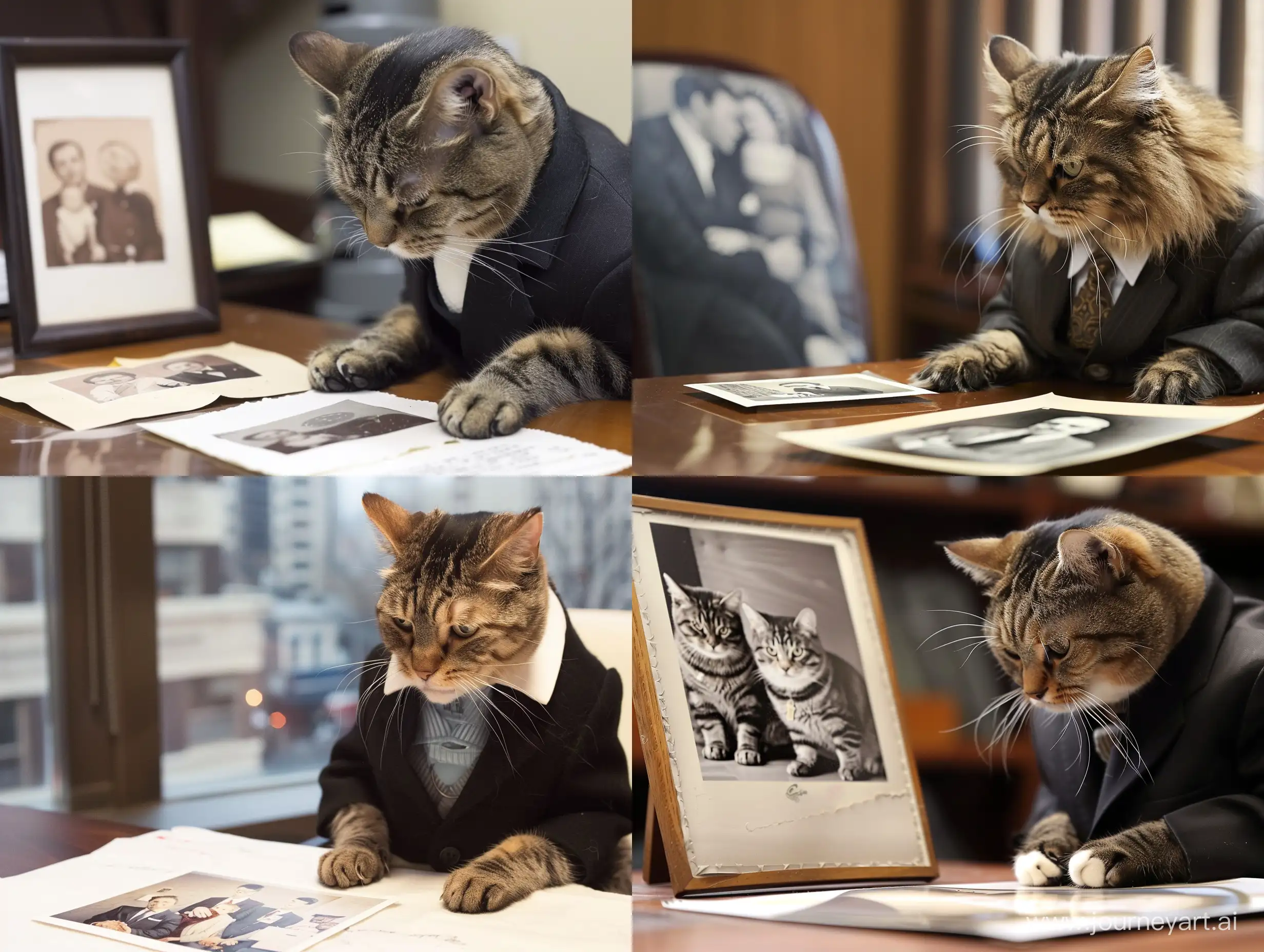 the cat is sitting in the office in a suit, but is sad and looks at the photograph on the table. this photo shows his cat family