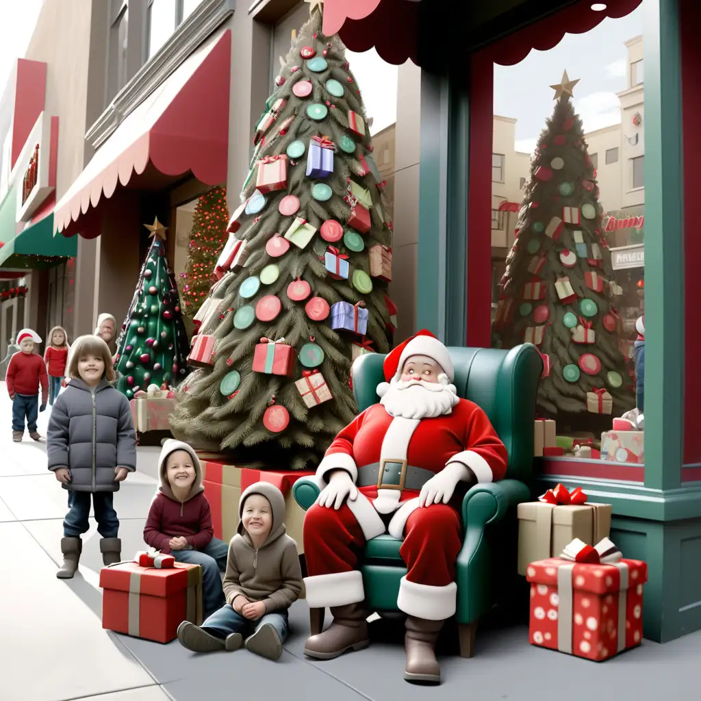 Urban Christmas Scene with Santa Claus and Children in Downtown Street