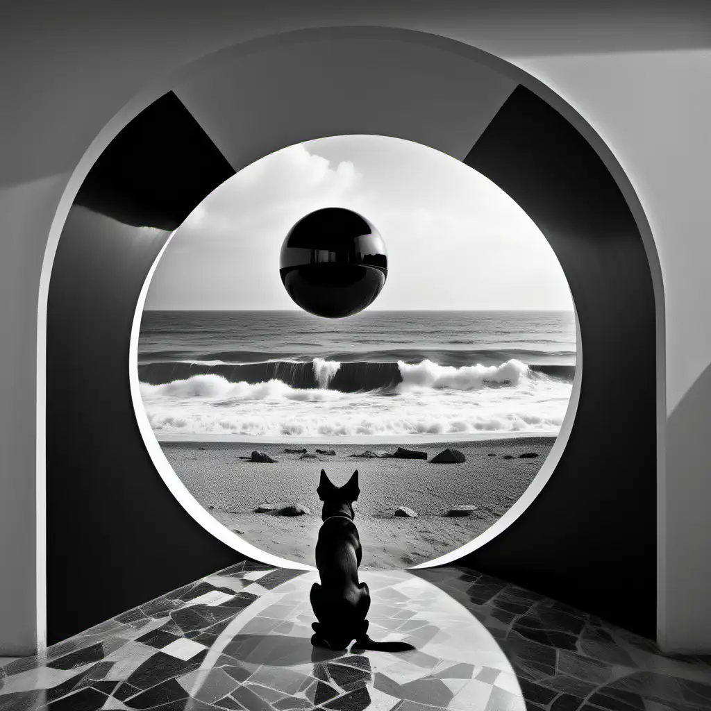 Immersive Art Deco Photography Abstract ThreeDimensional Landscape with Ancient House Walls and a Black Dog