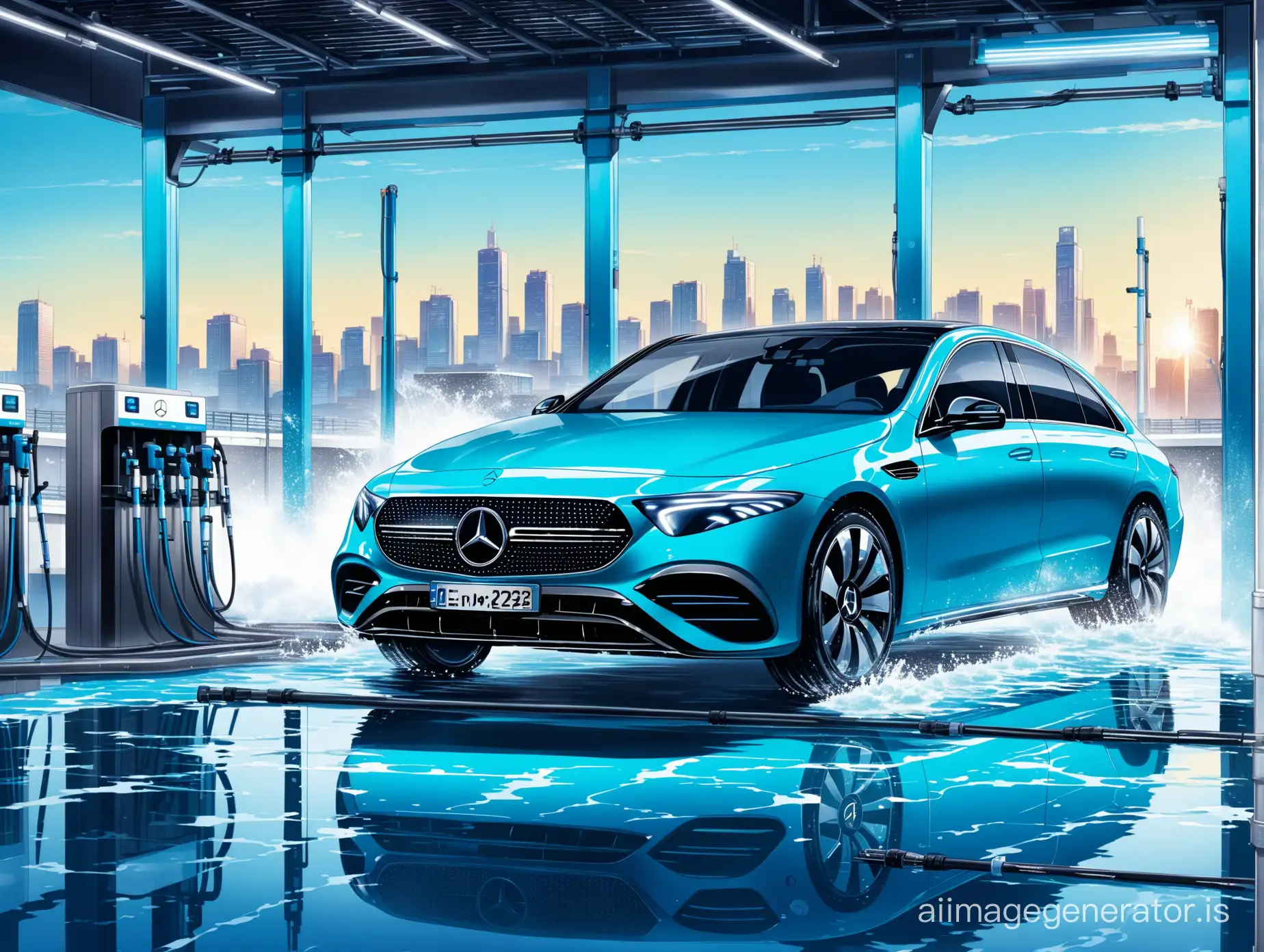 mercedes-benz EQE vehicle centrally positioned in a car wash with brushes and water pipes, blue color theme, with a city skyline in the back