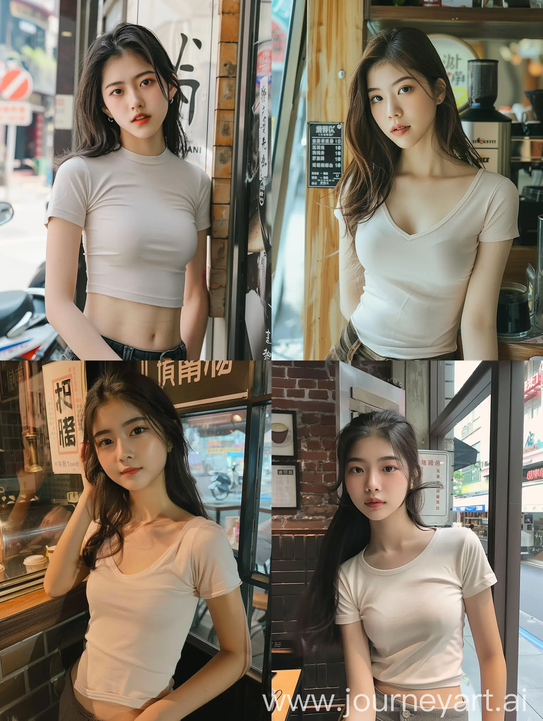  Cute 16 year old Taiwanese girl wearing a plain muted white colored tight T-shirt with a low neckline, posing for a photo in a coffee shop next to a sign
