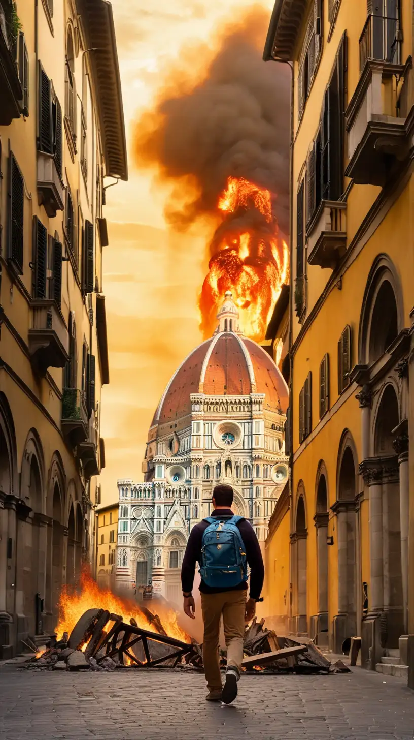 The city of Florence (Italy) on fire. We can  see a man with a backpack, alone, walking among the ruins.