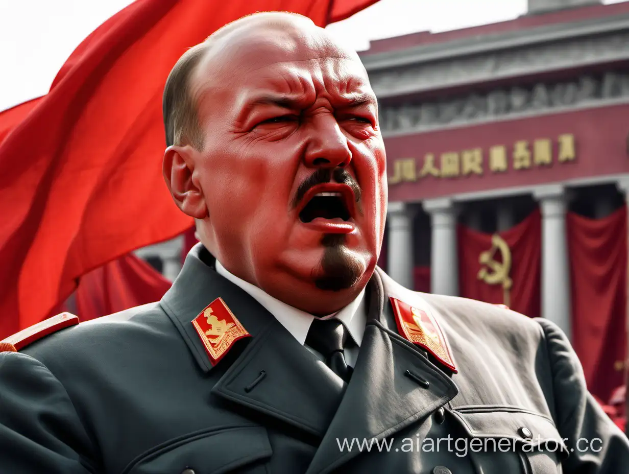 dictator looking like lenin crying over the red flag