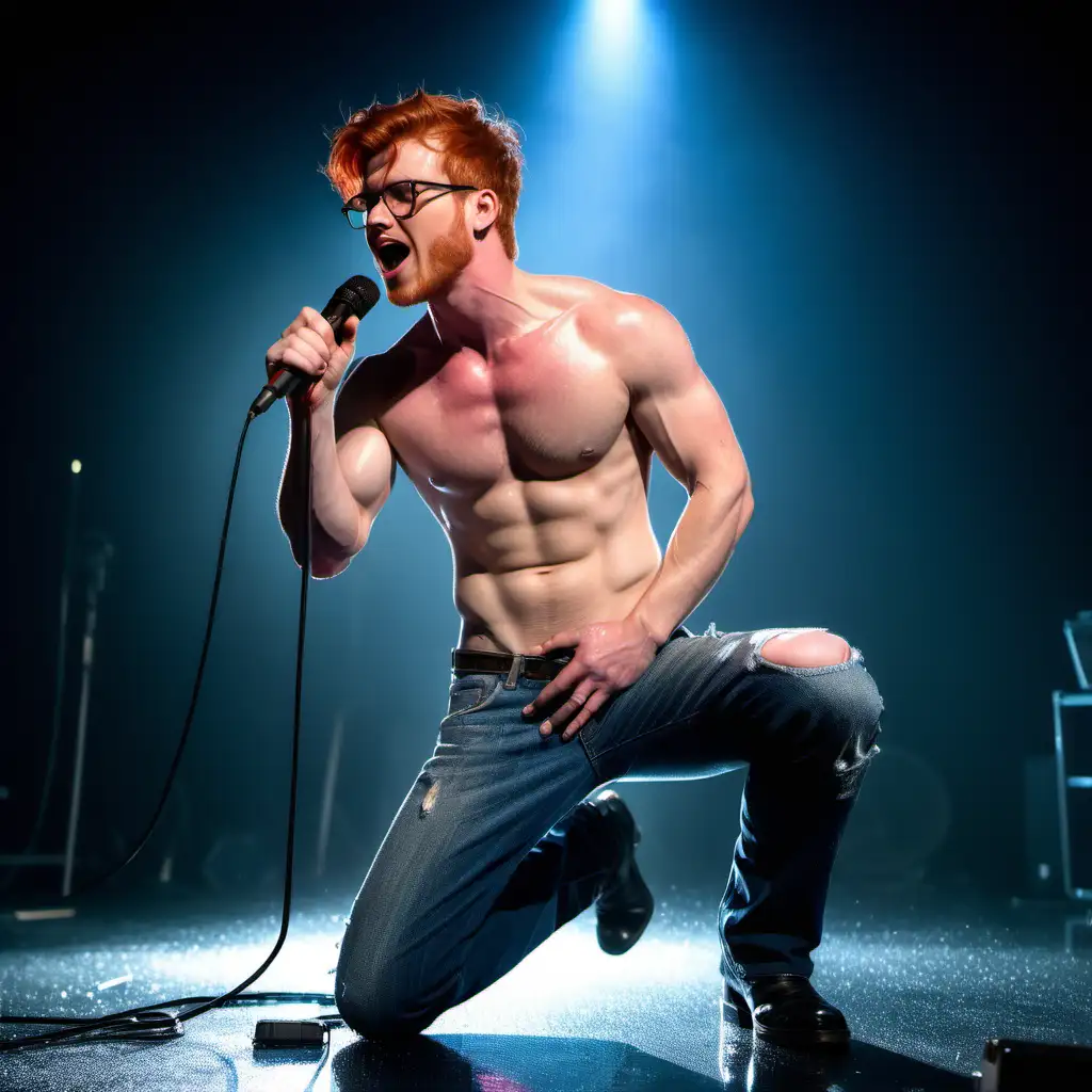 Redhead handsome male rockstar, glasses, stubbles, short hair, shirtless, blue jeans, show chest, show abs, very sweaty, full body shot, spotlights on his glistening muscles, mic stand, seductive, raining, full body shot, kneeling on stage, singing a sexy song
